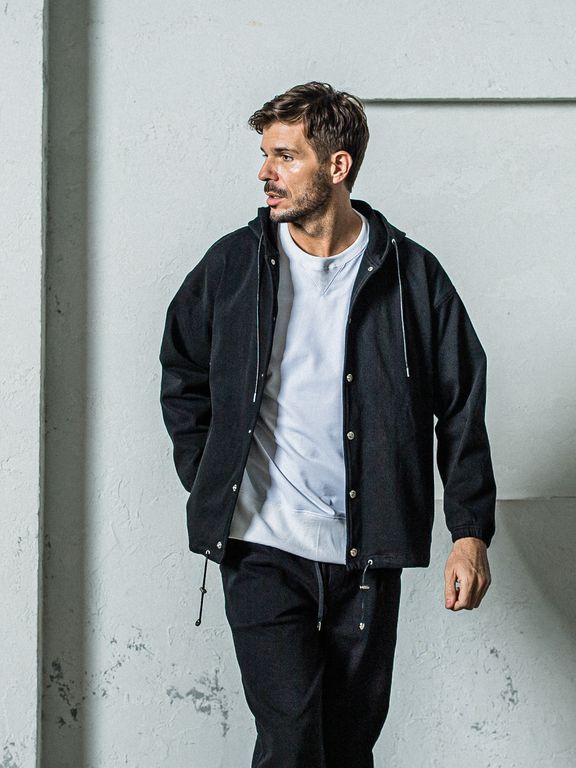 《予約11月17日19時締め》 DENIM JERSEY  coach hoodie / ジャケットパーカー / ブラック