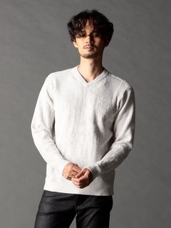 バーク風ジャカード Vネックプルオーバーニット / ホワイト【NICOLE CLUB FOR MEN】