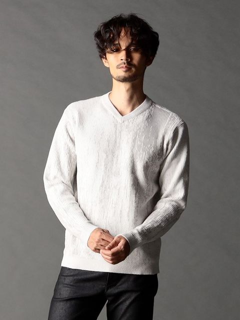バーク風ジャカード Vネックプルオーバーニット / ホワイト【NICOLE CLUB FOR MEN】