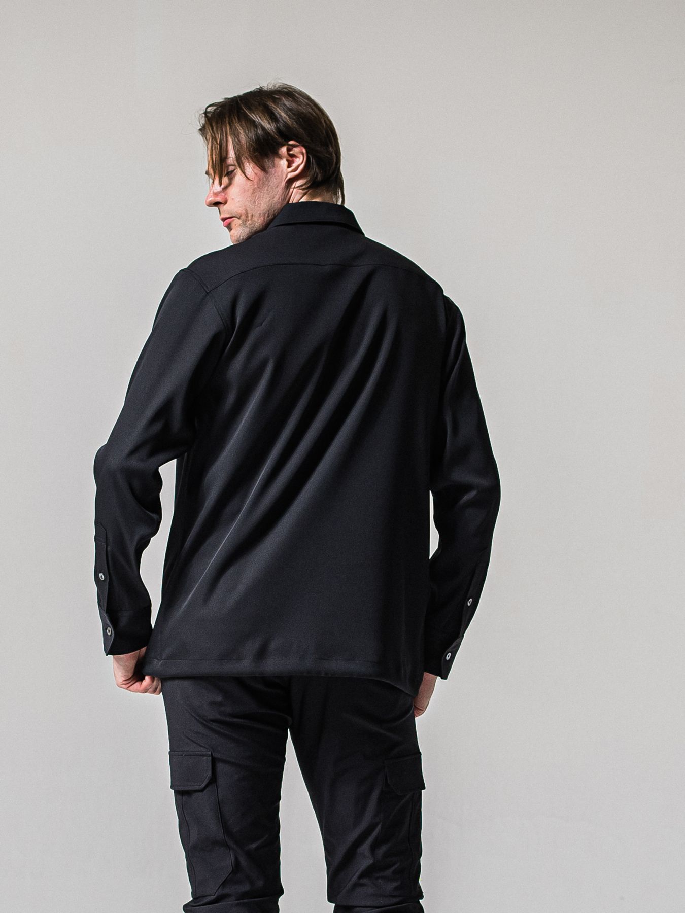 【予約品 11月16日(日) 締切】PULL OVER SATIN SHIRT / ジッププルオーバー サテンシャツ / ブラック