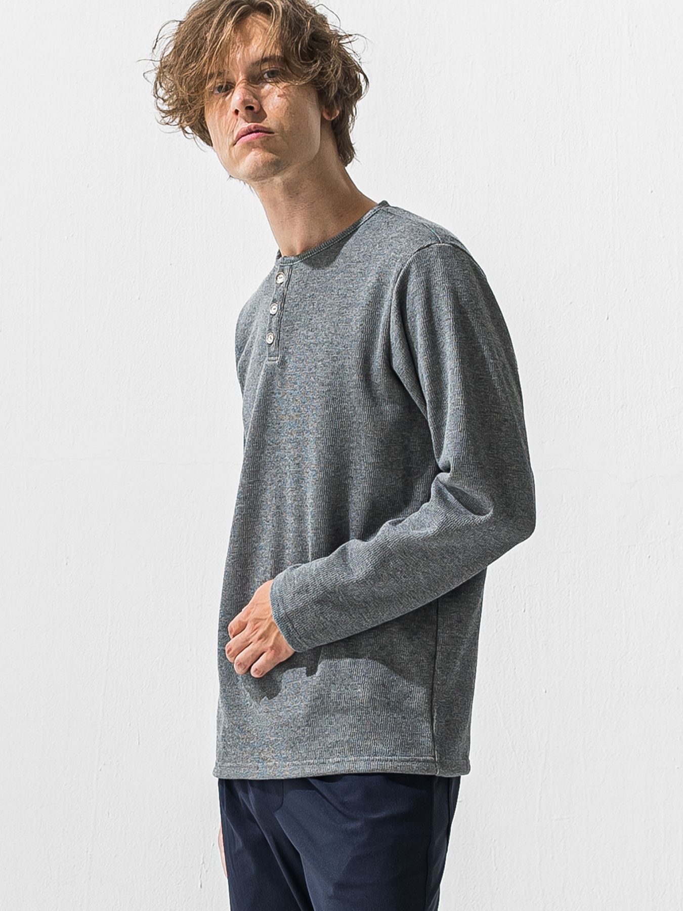 【予約品 9月6日(日) 締切】VELOURS FLEECE THERMAL HENRY / 裏起毛ハニカムサーマルヘンリーネック / グレー