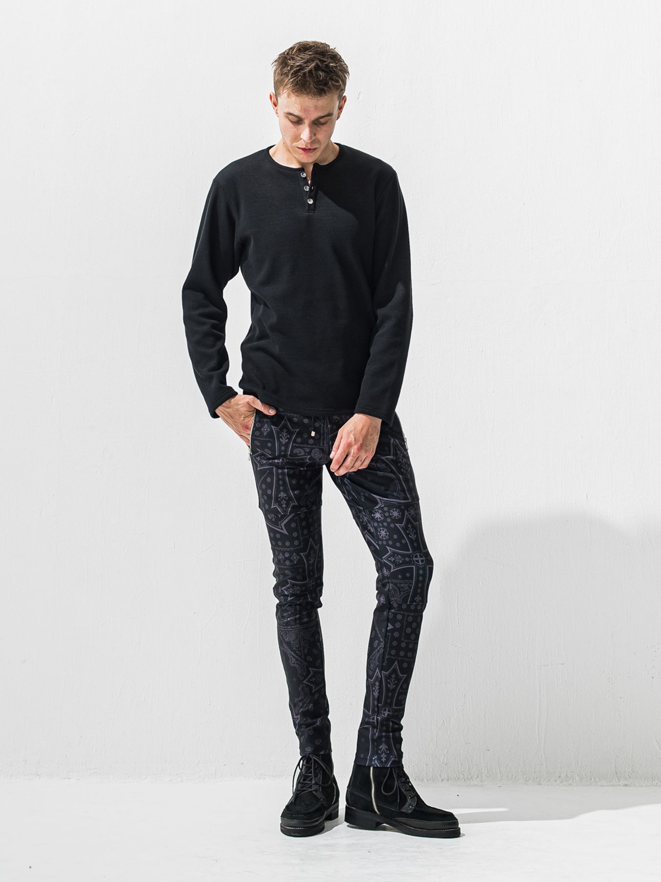 【予約品 9月6日(日) 締切】VELOURS FLEECE THERMAL HENRY / 裏起毛 ハニカムサーマル ヘンリーネック / ブラック