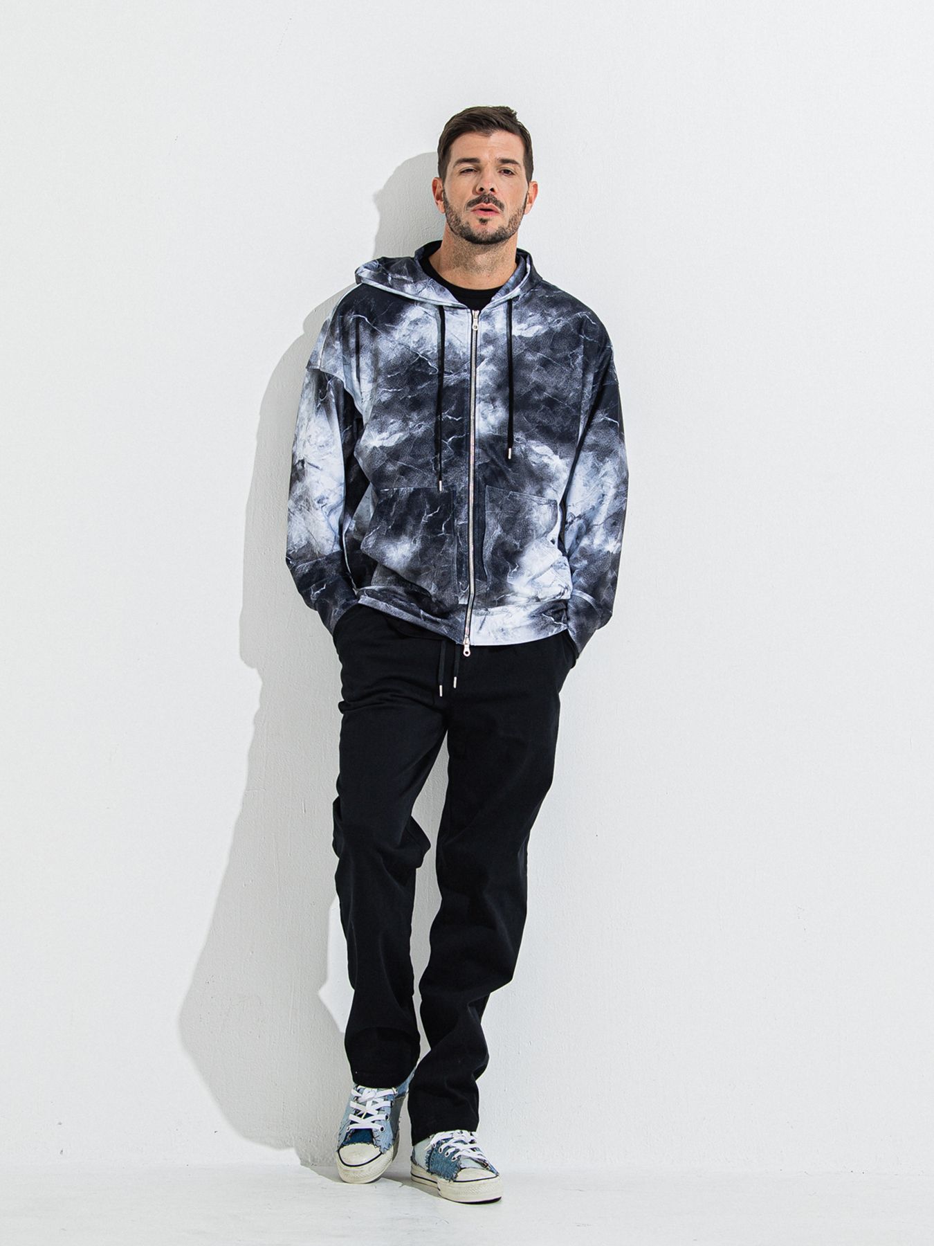 【予約品 】RASH OVER ZIPUP HOODIE / ラッシュガード オーバーサイズジップアップパーカー / マーブルブラック