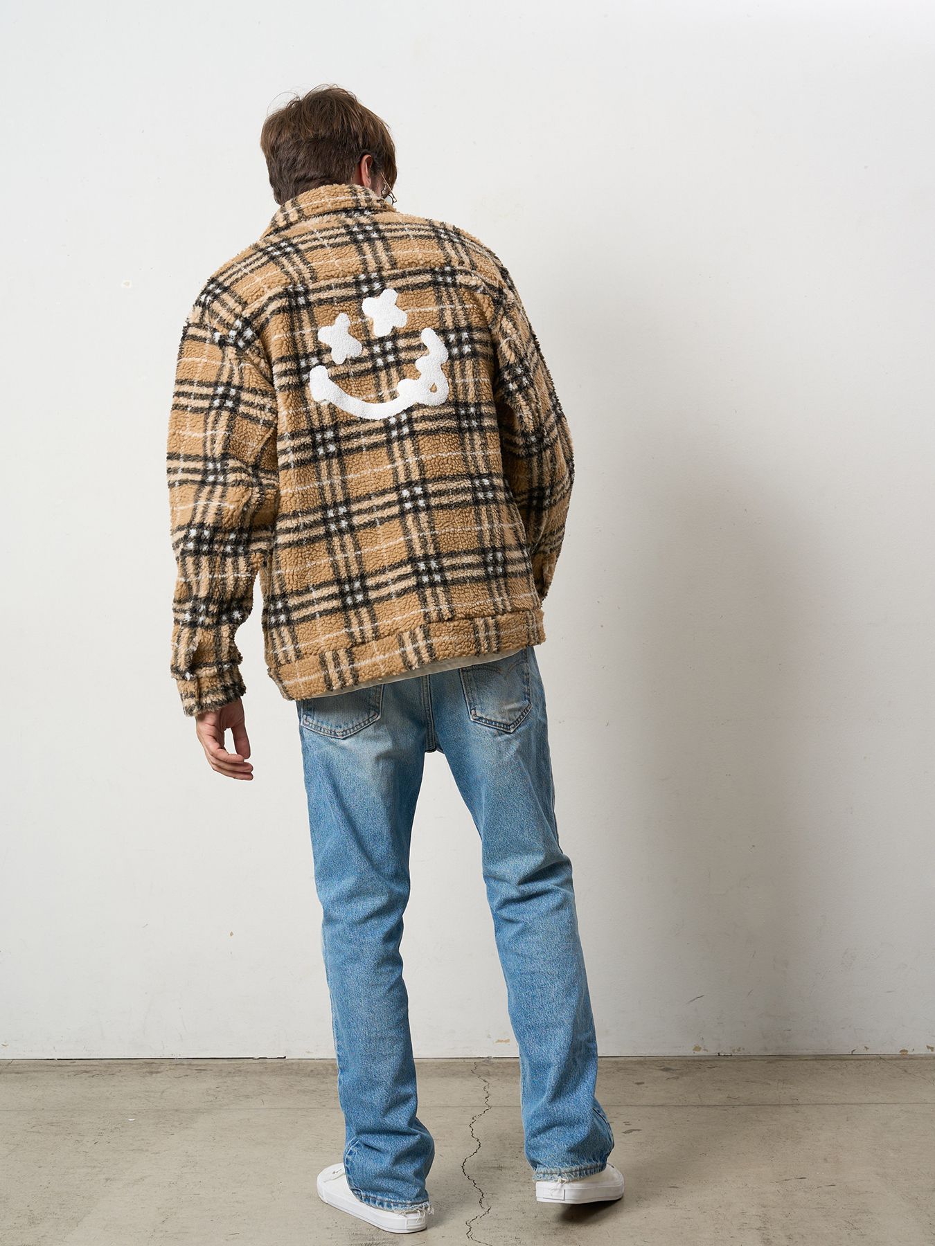 【予約品 】 ブロックチェックムックボア サガラパッチワークブルゾン / ベージュ