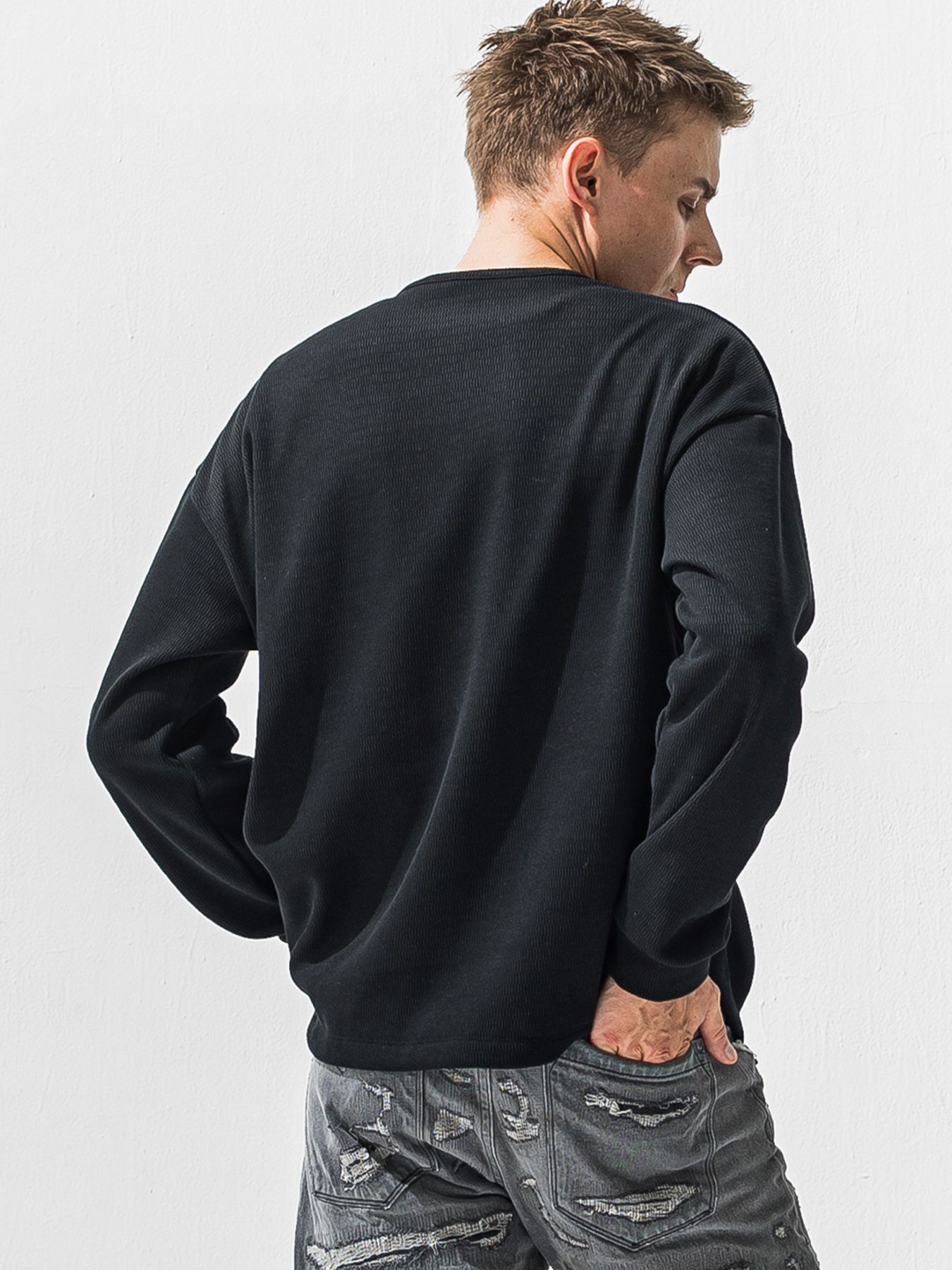 【予約品 9月6日(日) 締切】OVER HENRY VELOURS FLEECE THERMAL / 裏起毛 ハニカムサーマル オーバーサイズヘンリーネック / ブラック
