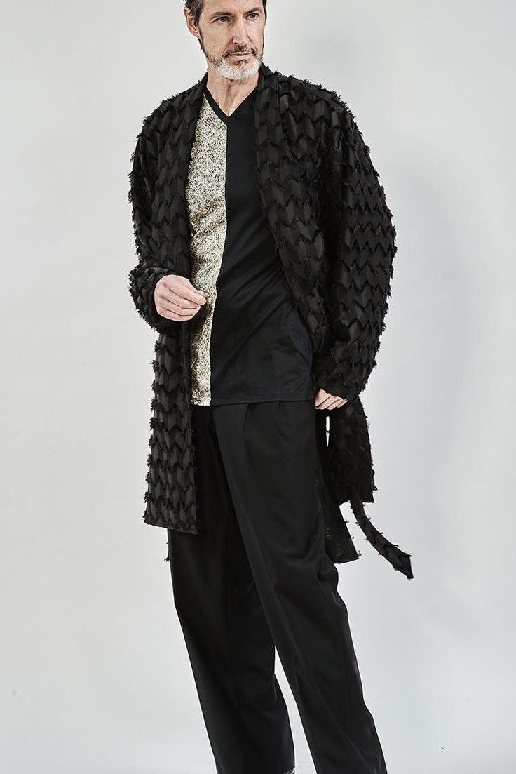 Fringe cut jacquard shawl collar shirt gown / BLACK 【ys Yuji SUGENO】