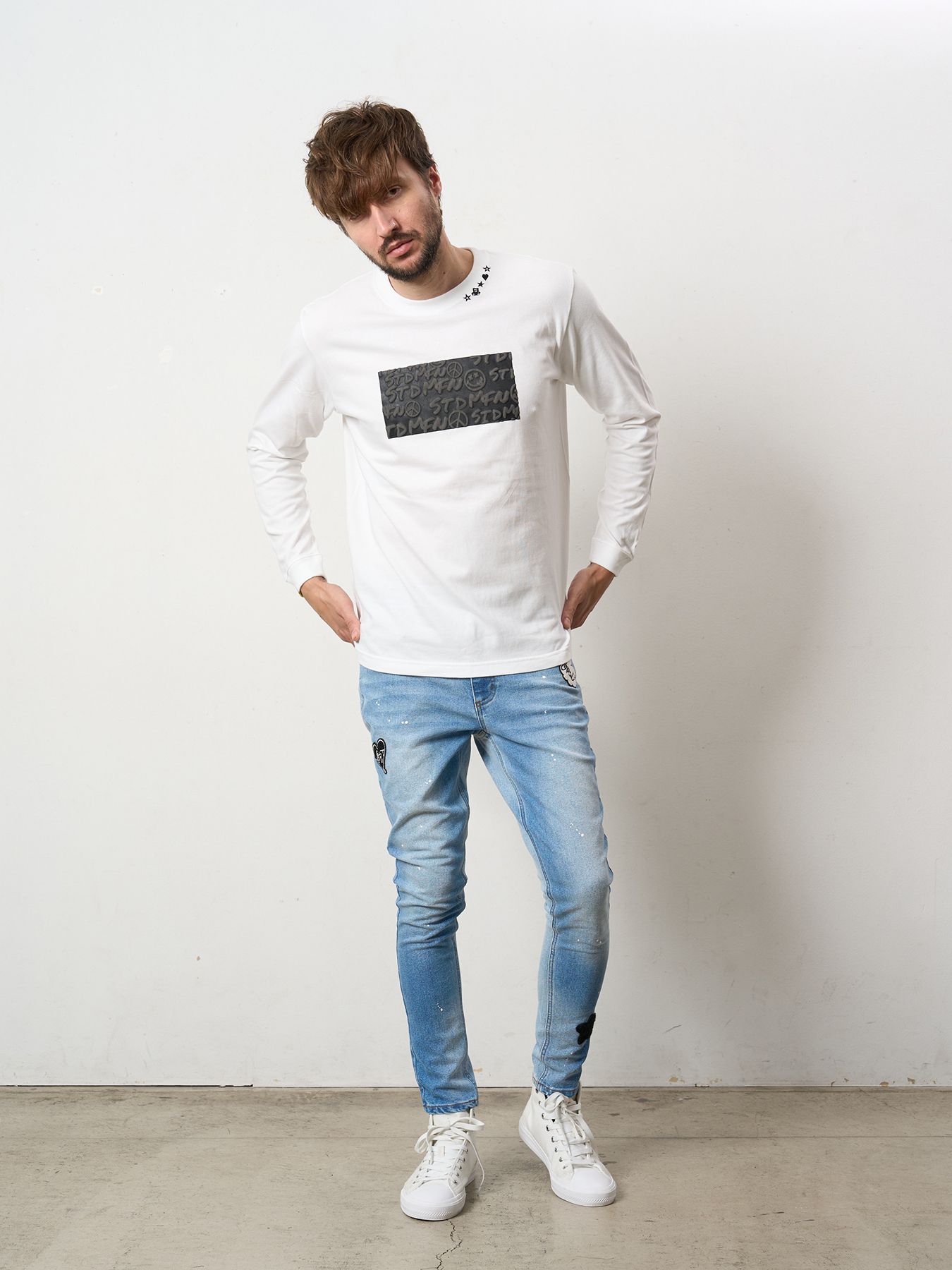 【予約品 5月8日(木) AM10時 締切】 5.6ozコットン天竺 ボックスロゴ発泡プリントLS Tシャツ / ホワイト