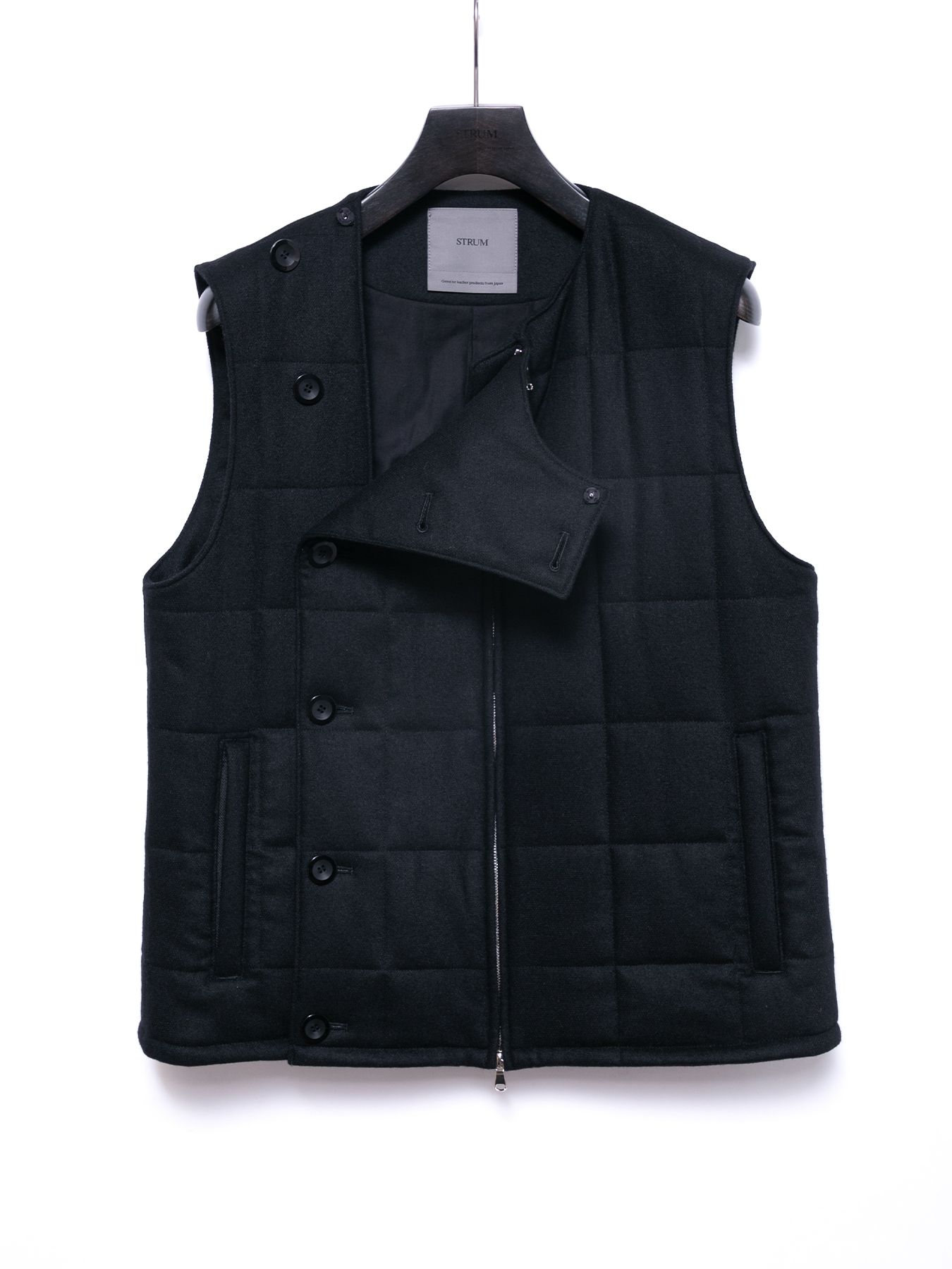 【予約品 4月6日(月) 締切】Stretch recycled wool cashmere blend Twill Quilted Track Vest / カシミア混 ストレッチ リサイクルウール ツイル 高機能中綿トラックベスト / ブラック
