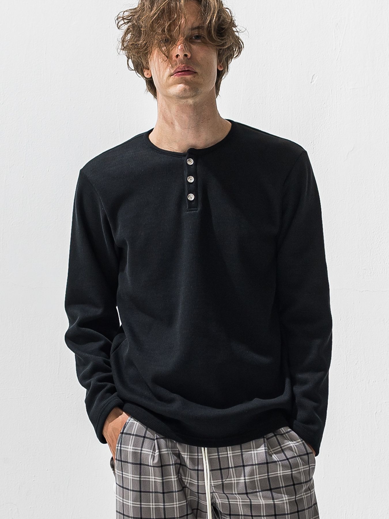 【予約品 9月6日(日) 締切】VELOURS FLEECE THERMAL HENRY / 裏起毛 ハニカムサーマル ヘンリーネック / ブラック