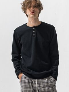 【予約品 9月6日(日) 締切】VELOURS FLEECE THERMAL HENRY / 裏起毛 ハニカムサーマル ヘンリーネック / ブラック