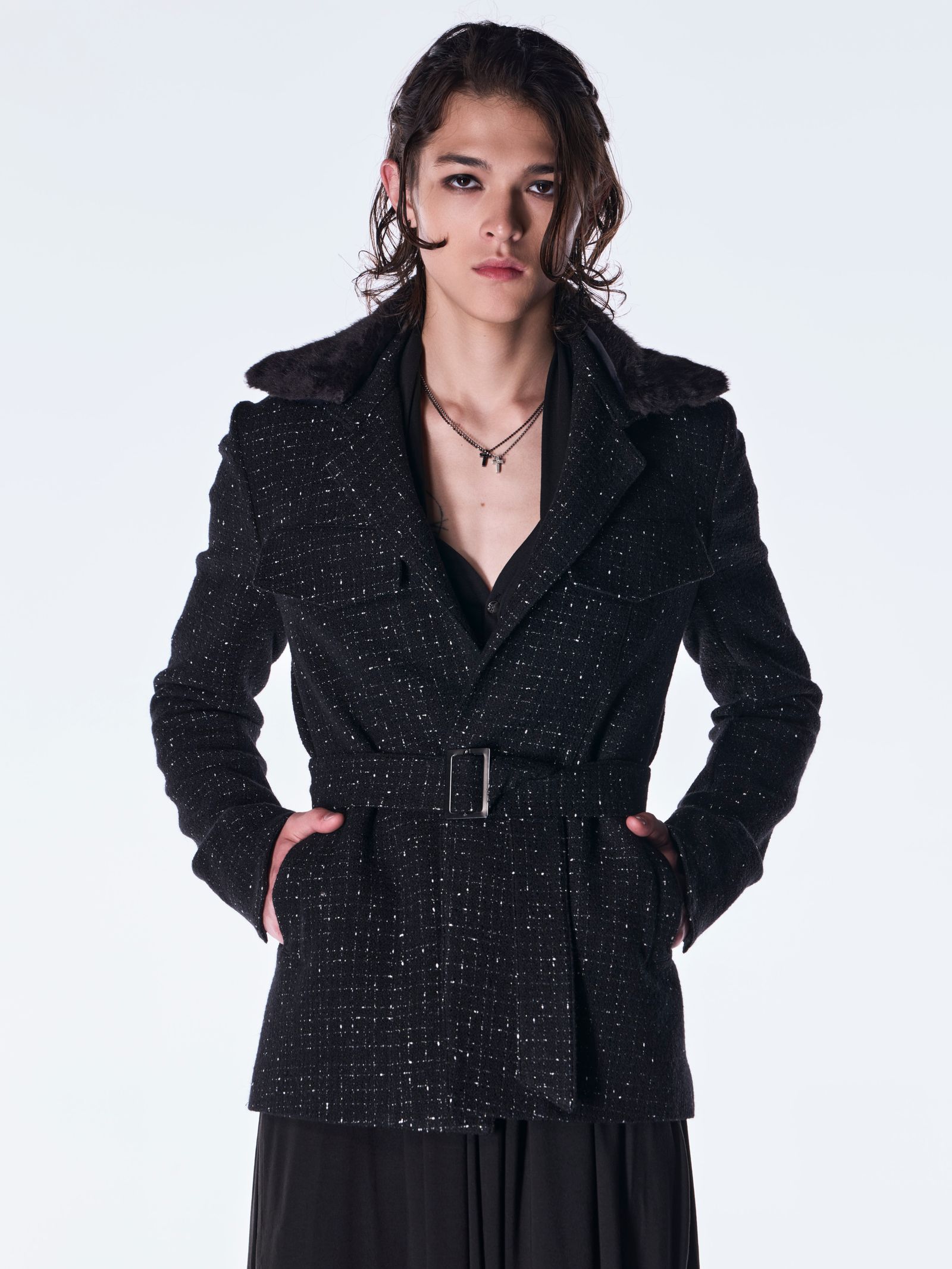 【予約品 6月29日(月) 締切】Tweed Fur Safari Blouson / ツイード ファーサファリブルゾン / ブラック