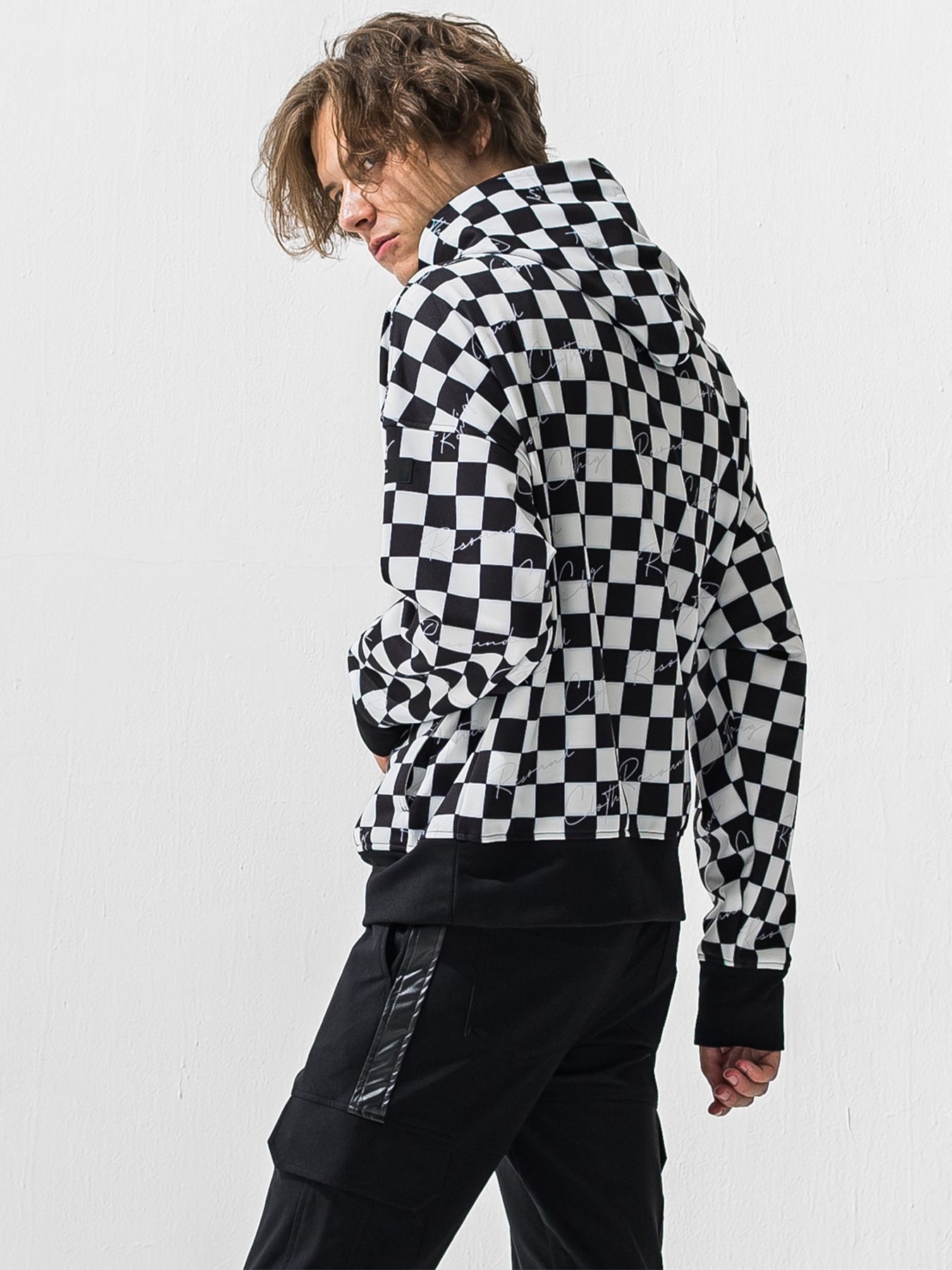 【予約品 9月6日(日) 締切】CHECKER BACK FLEECE TRAINER / 裏起毛 ルーズフーディー / ホワイト×ブラック