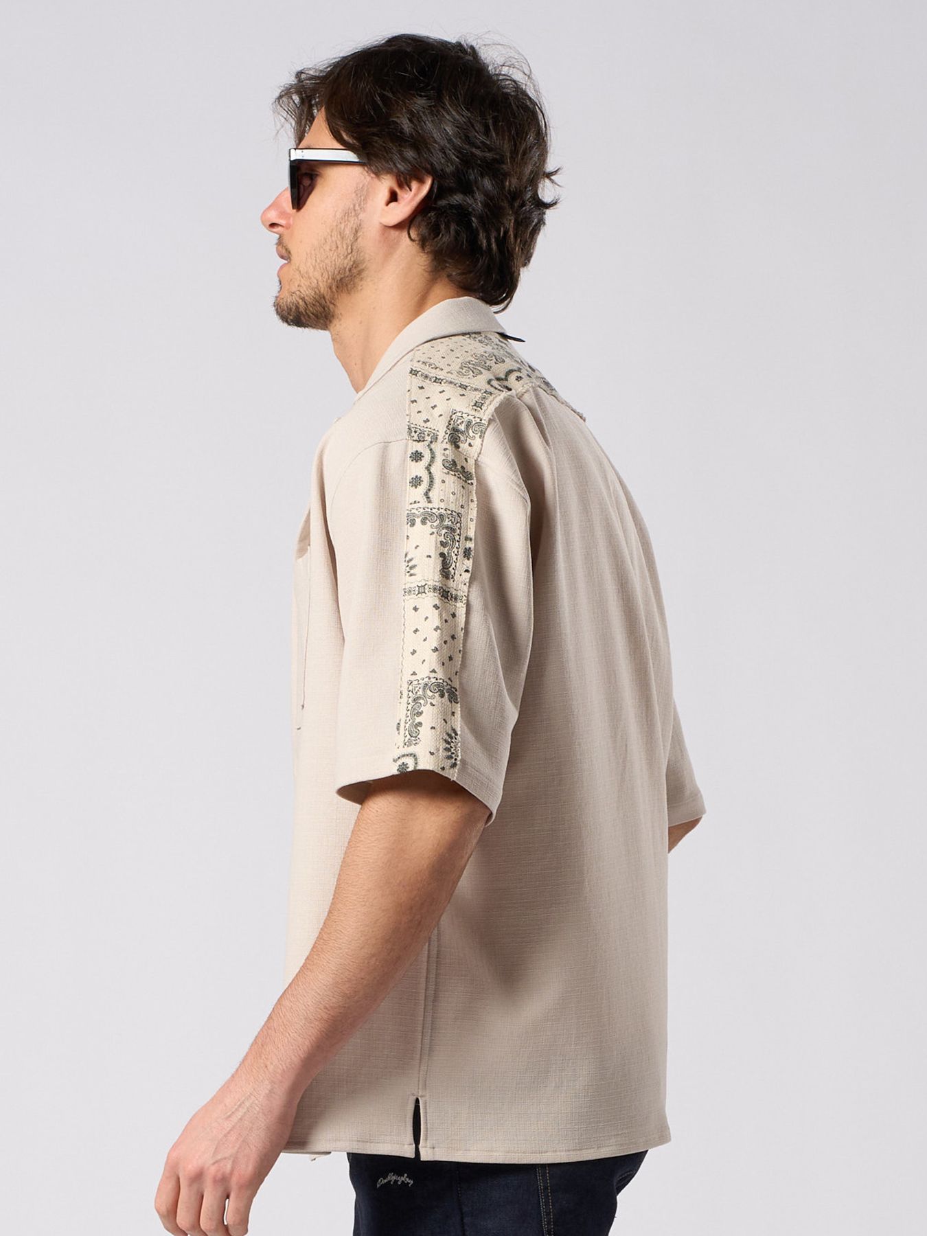 【予約品 1月25日(日) 締切】bandana print panel open shirt / バンダナプリントパネル オープンカラーシャツ / ベージュ