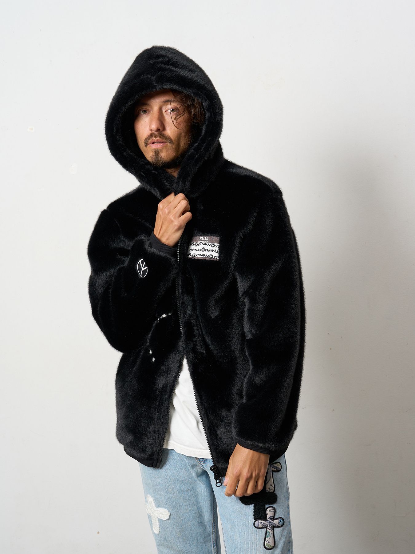 【予約品 】 ECOファー マルチパッチワークビックジップワイドパーカー / ブラック