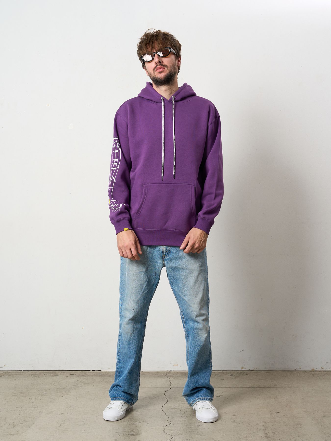 【予約品 5月8日(木) AM10時 締切】 TC裏毛起毛 リリックリボン&MUSICプリントハートサガラパッチワーク プルオーバー パーカー / パープル