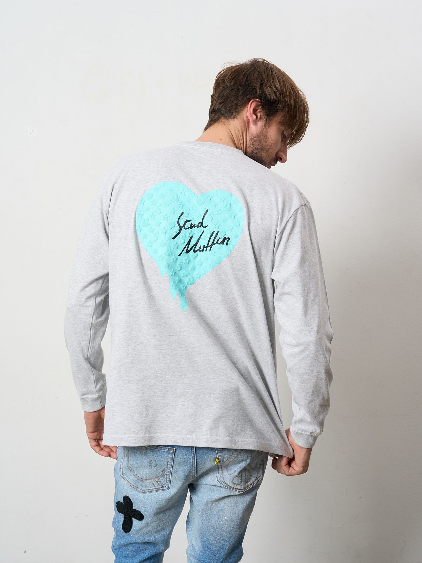 【予約品 5月8日(木) AM10時 締切】 5.6ozコットン天竺 スターグラムハート＆シークインLS Tシャツ / アッシュ