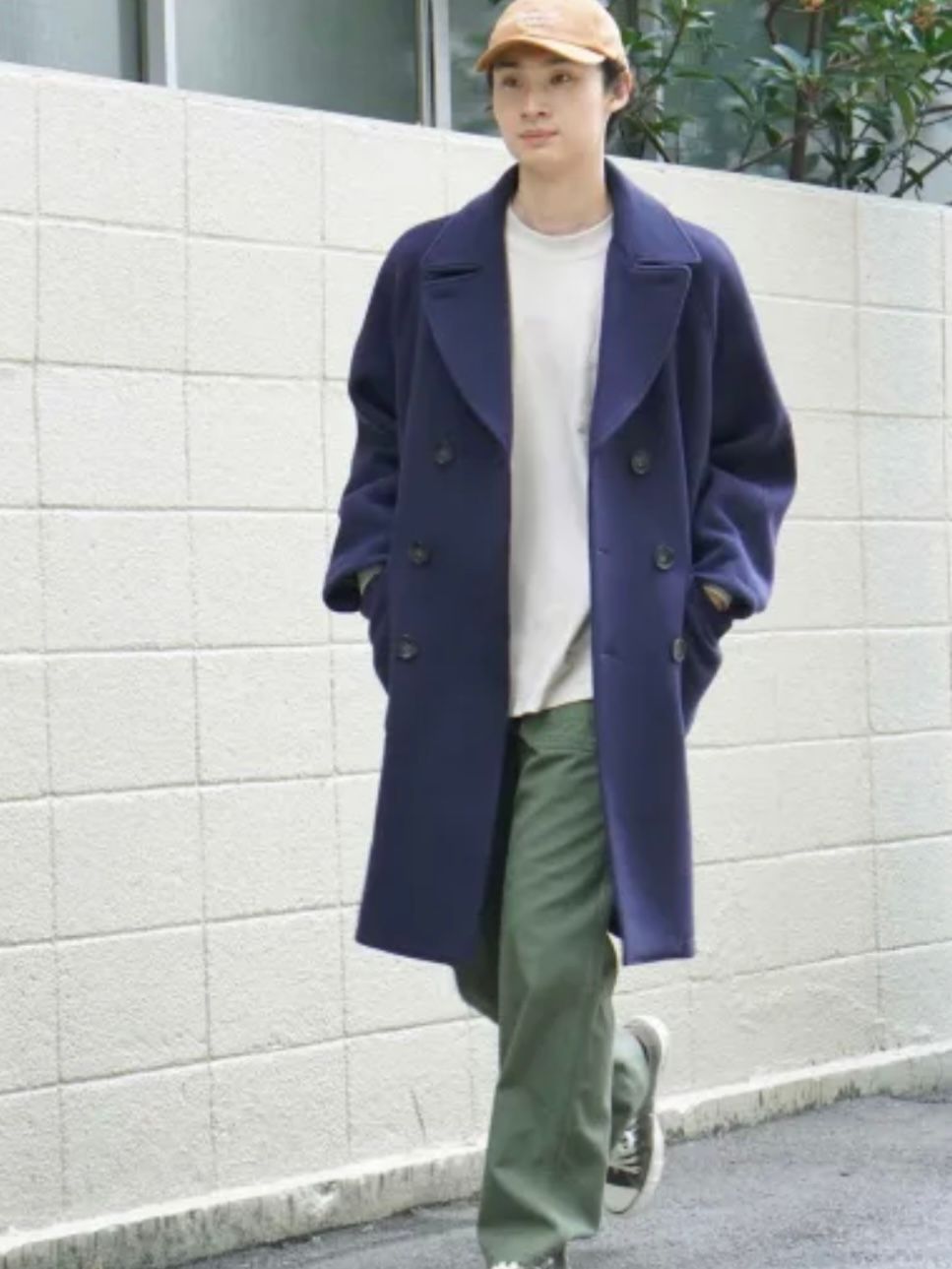 ウールモッサダブルオーバーコート NAVY 裏地ボアファー