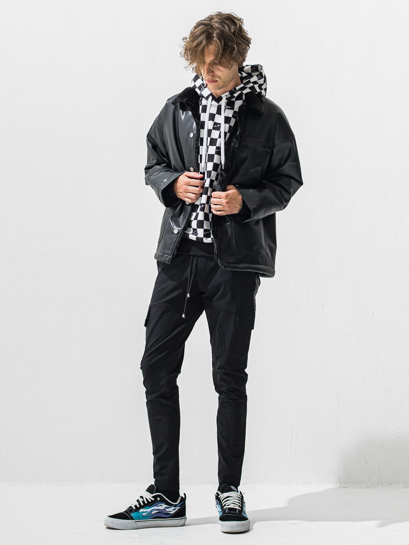 【予約品 9月6日(日) 締切】LEATHER FUR COVERALL / レザー ファー カバーオール / ブラック