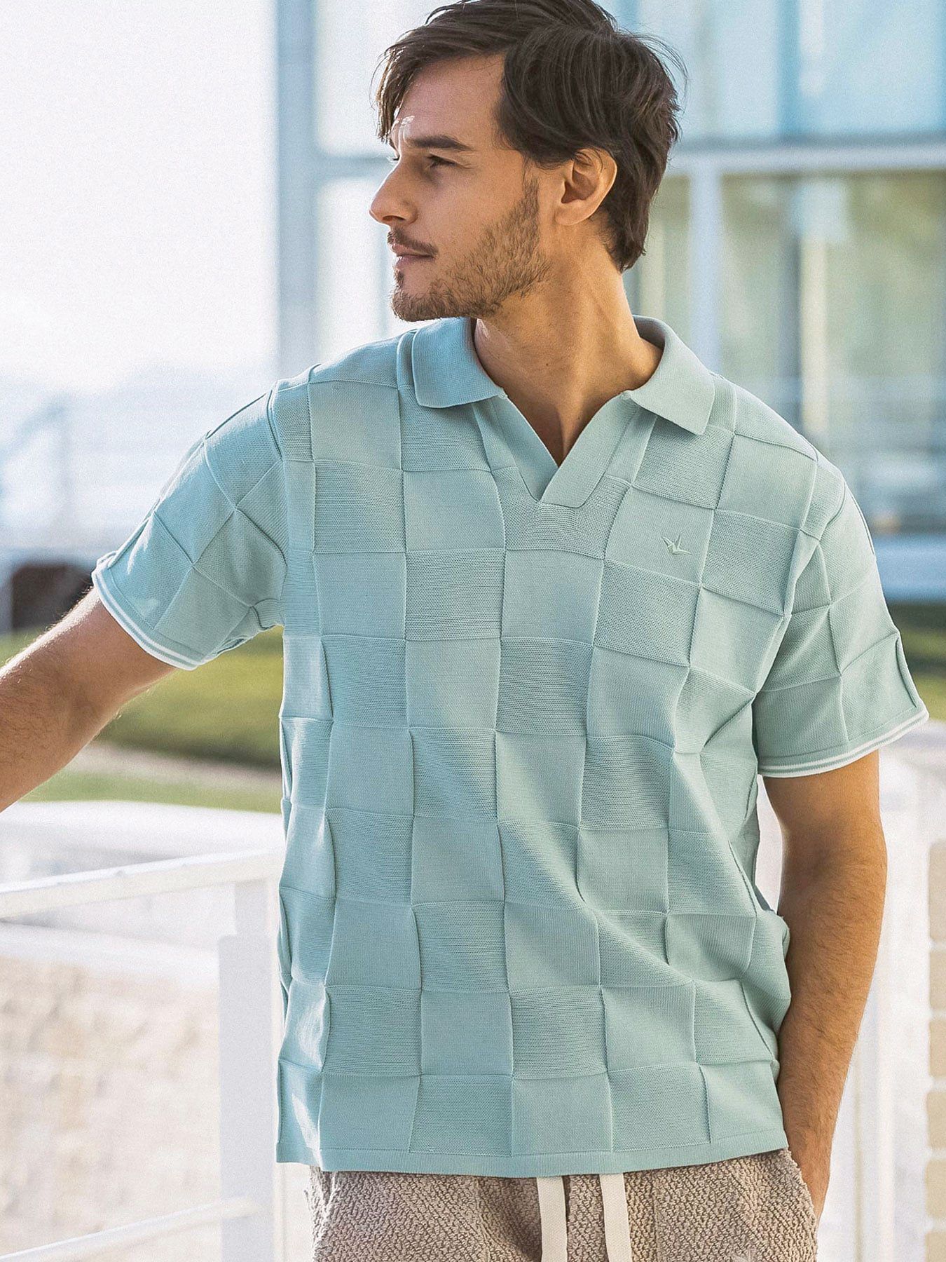 ブロックニット半袖ポロシャツ / サックス