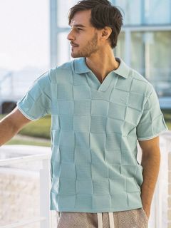 ブロックニット半袖ポロシャツ / サックス