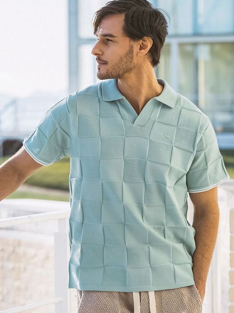 ブロックニット半袖ポロシャツ / サックス