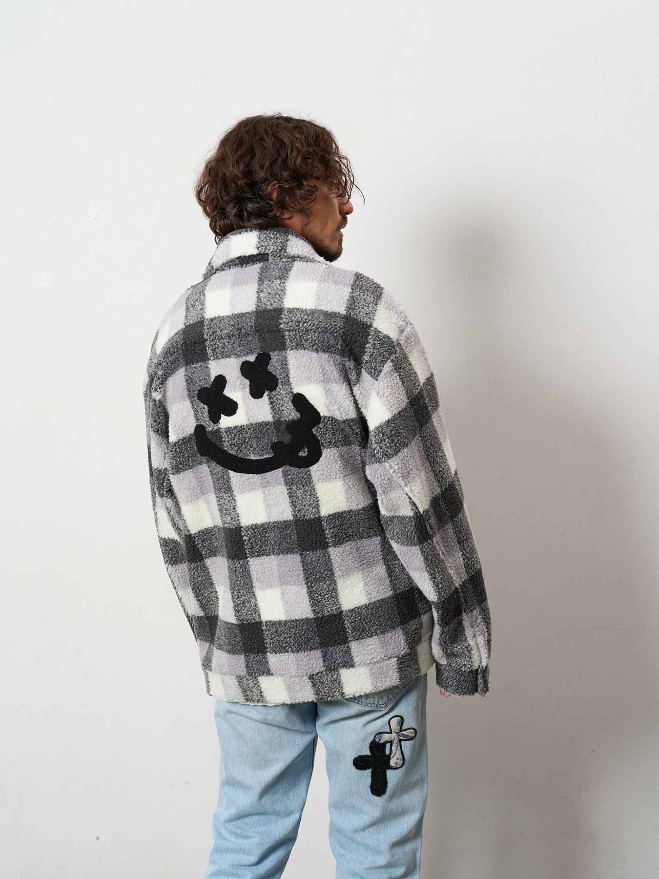 【予約品 】 ブロックチェックムックボア サガラパッチワークブルゾン / M.グレー