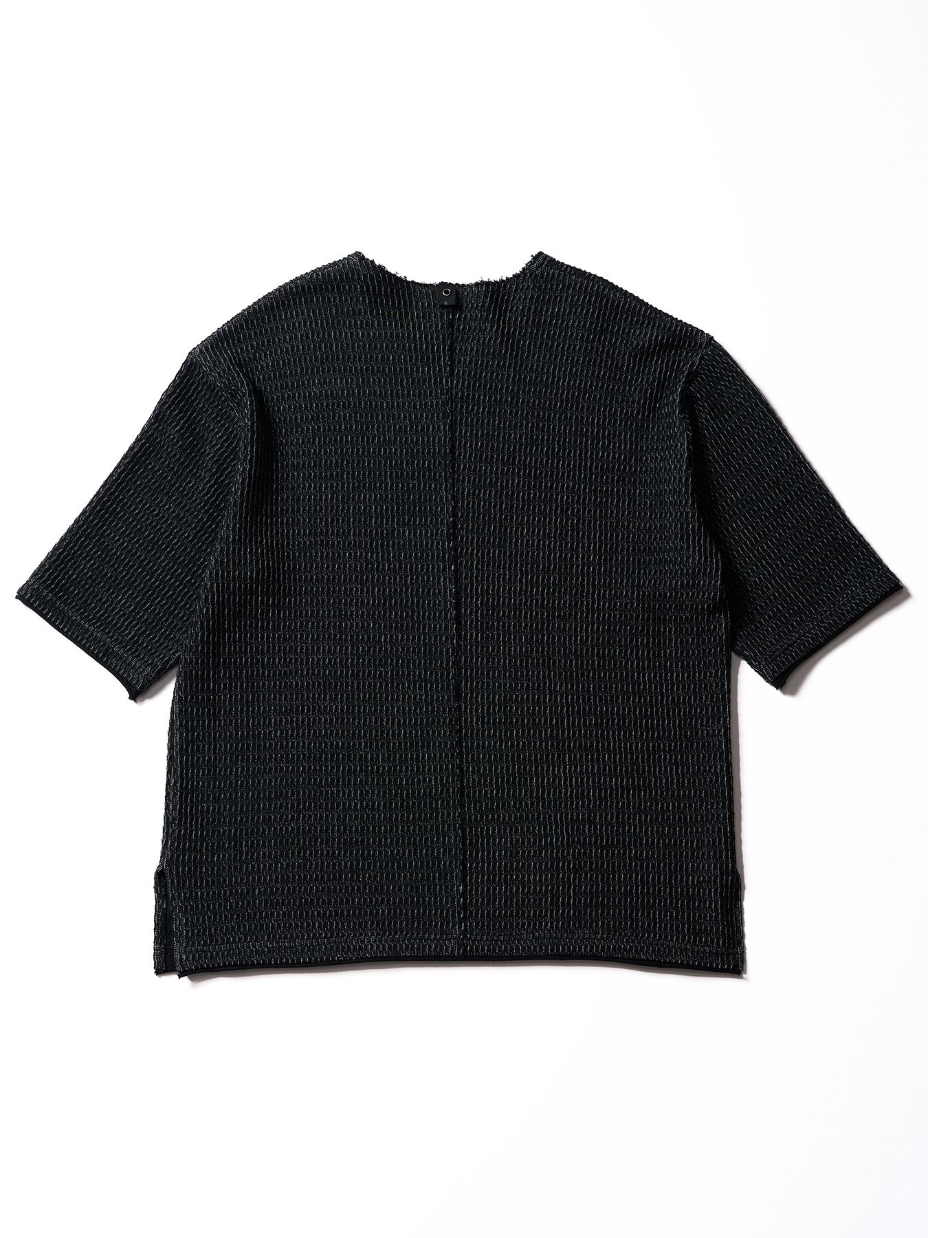 【予約品】textured knit key-neck H/S / ニットジャージー ハーフスリーブトップス / ブラック×グレー