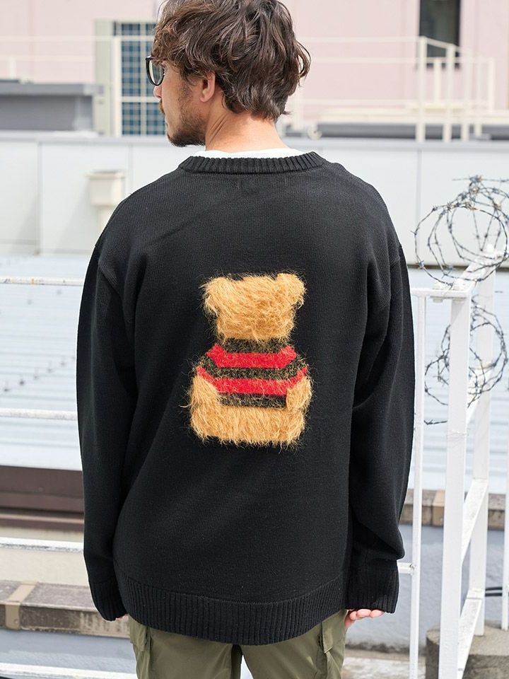 アクリルバルキー×フェザーヤーン カートベア インターシャプル オーバー ニット / ブラック 【STUD MUFFIN(スタッドマフィン)】