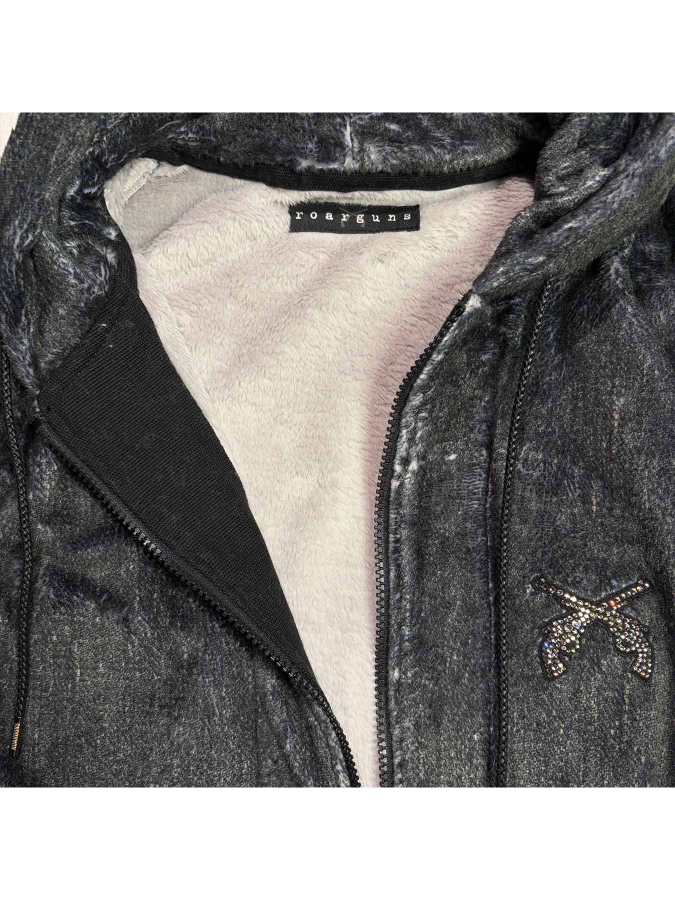 【予約品 3月9日(月) 18:00 締切】FLEECE DENIM VEST A / クリスタルクロスガン デニムプリント フリース ベスト / ブラック