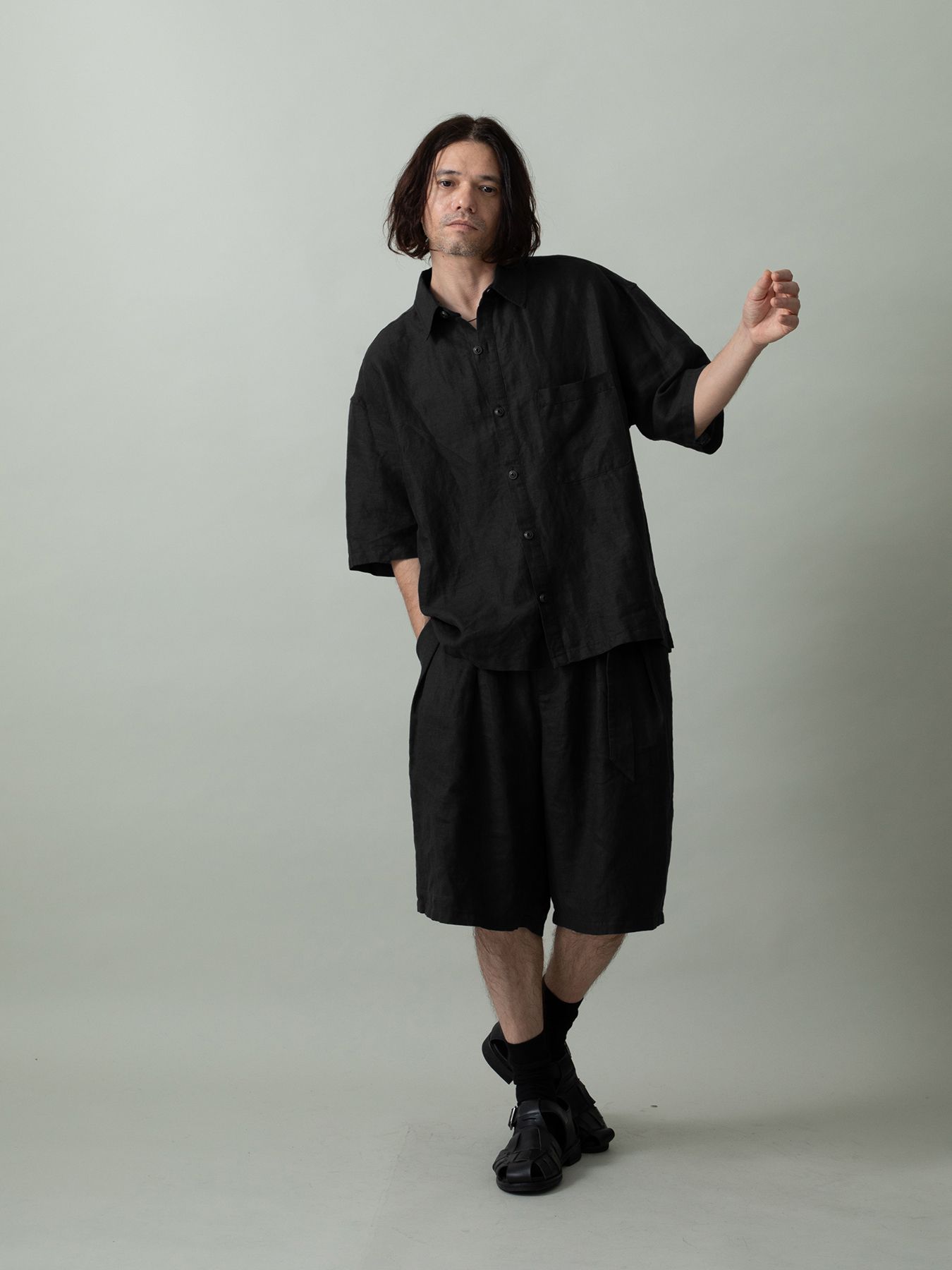 【予約品 2月1日(日) 締切】GATHERLINEN SHIRTS S/S / リネン 半袖シャツ / ブラック