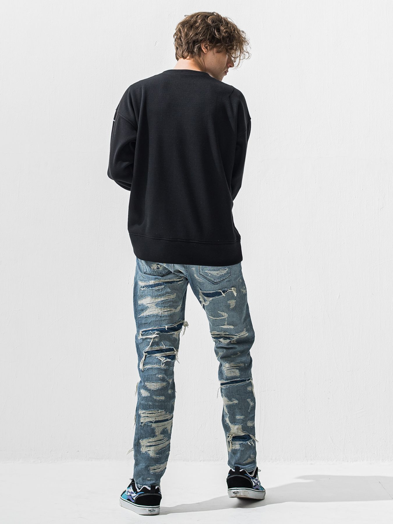 【予約品 9月6日(日) 締切】VELOURS FLEECE THERMAL LOOSE TRAINER / 裏起毛 ハニカムサーマル ルーズトレーナー / ブラック