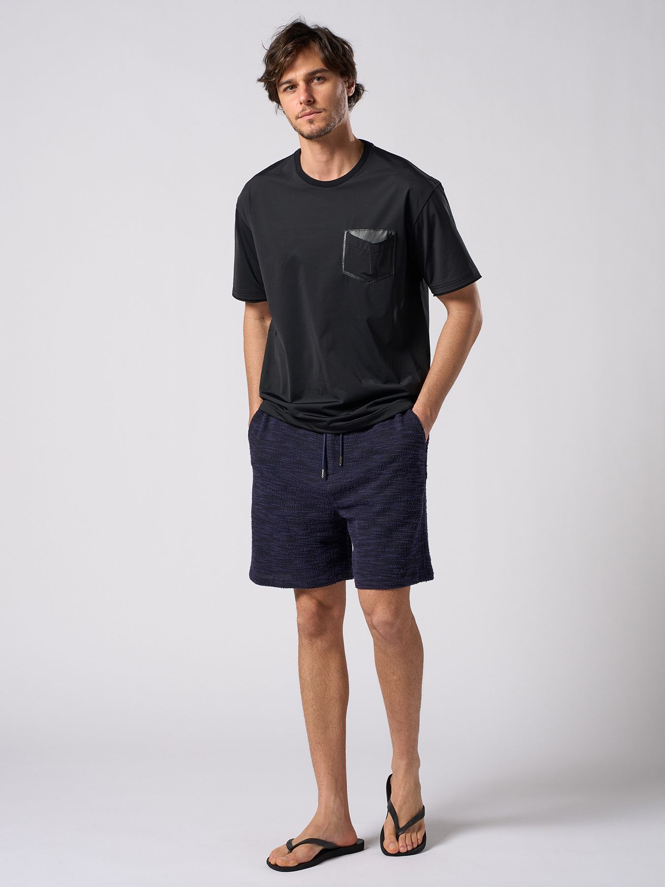 【予約品 1月25日(日) 締切】drawstring leather pocket S/S / ドローストリング レザーポケット ショートスリーブ / ブラック