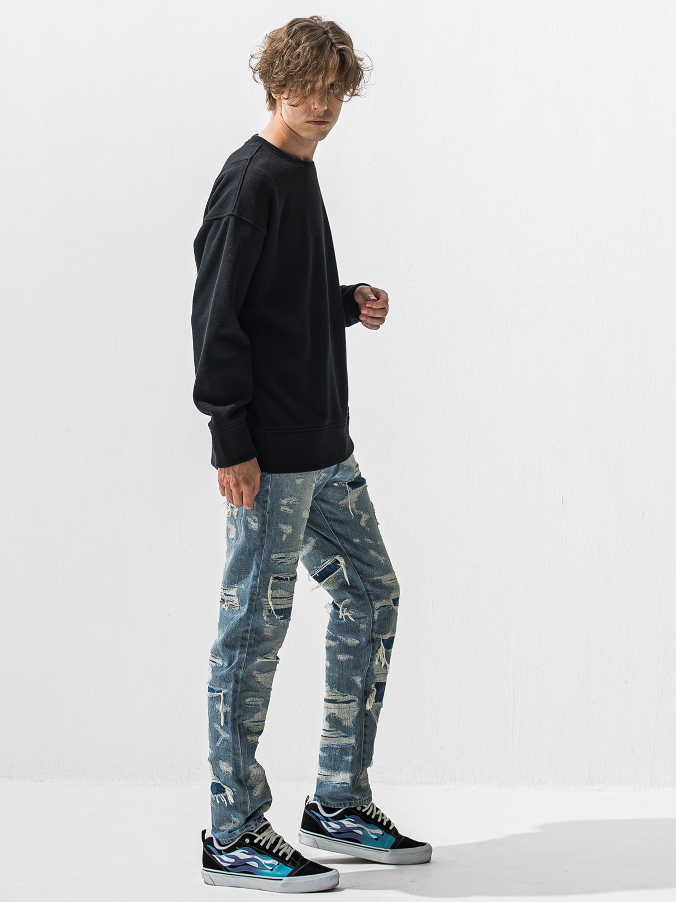 【予約品 9月6日(日) 締切】VELOURS FLEECE THERMAL LOOSE TRAINER / 裏起毛 ハニカムサーマル ルーズトレーナー / ブラック