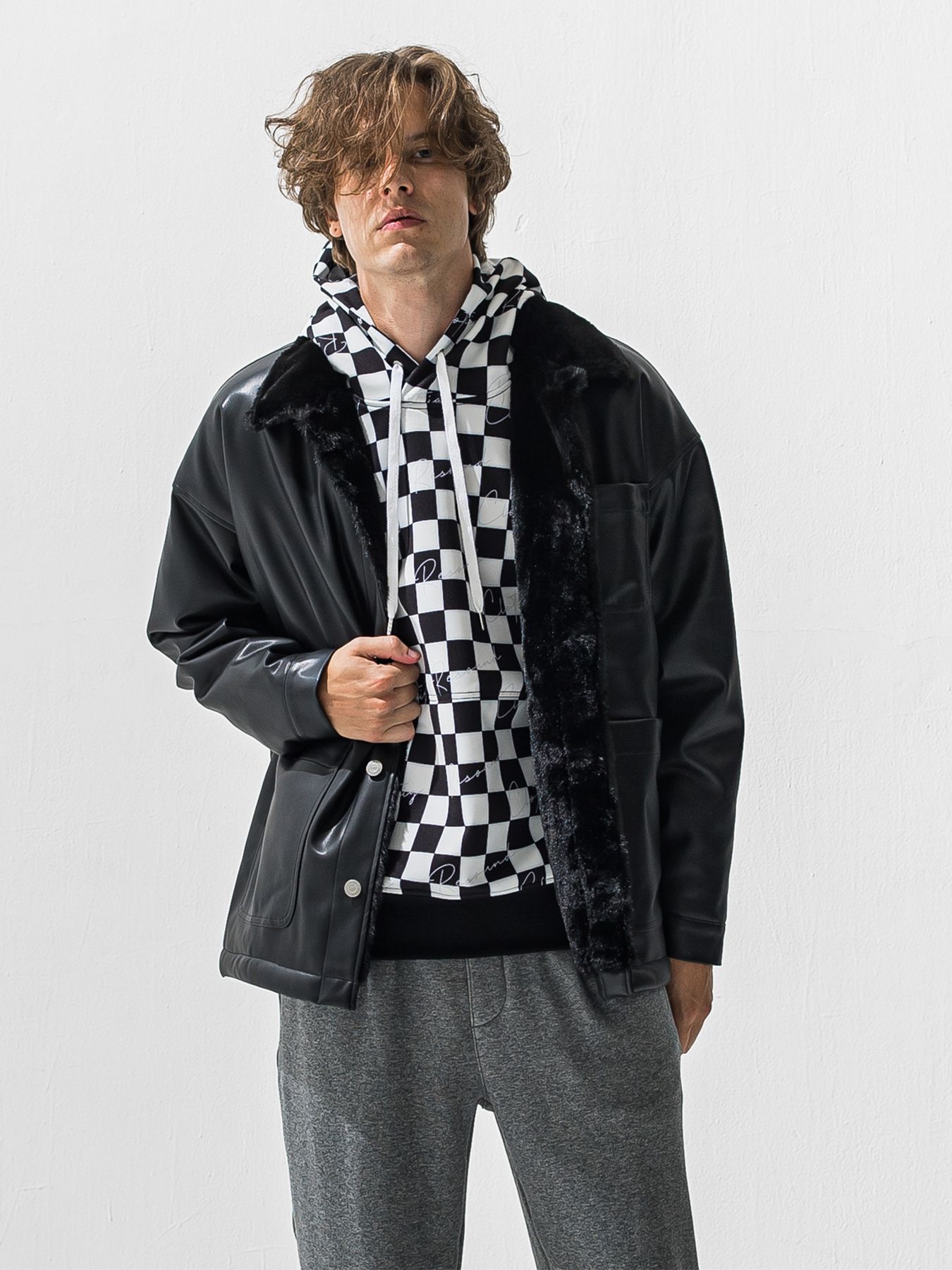 【予約品 9月6日(日) 締切】CHECKER BACK FLEECE TRAINER / 裏起毛 ルーズフーディー / ホワイト×ブラック