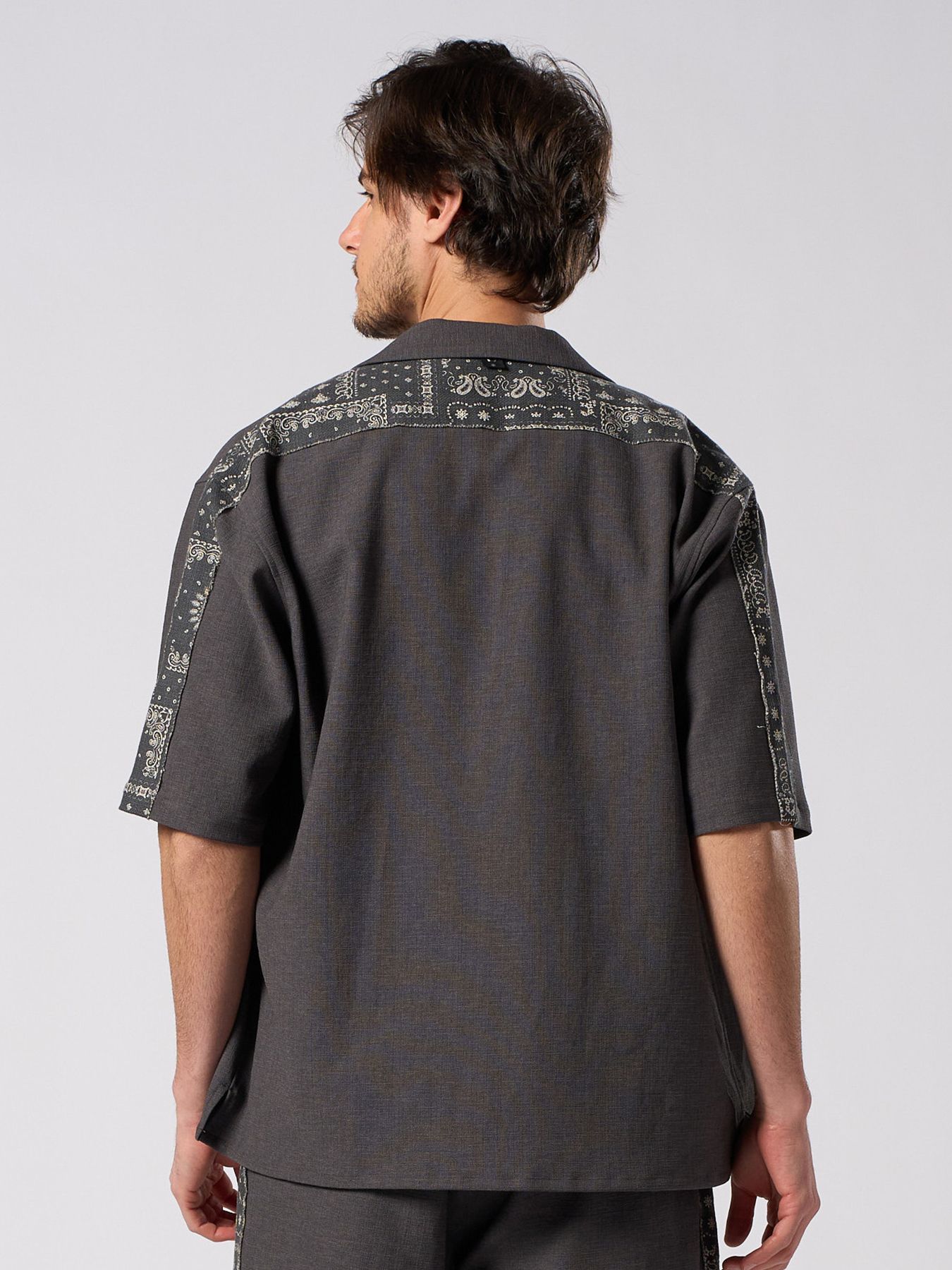 【予約品 1月25日(日) 締切】bandana print panel open shirt / バンダナプリントパネル オープンカラーシャツ / ブラック