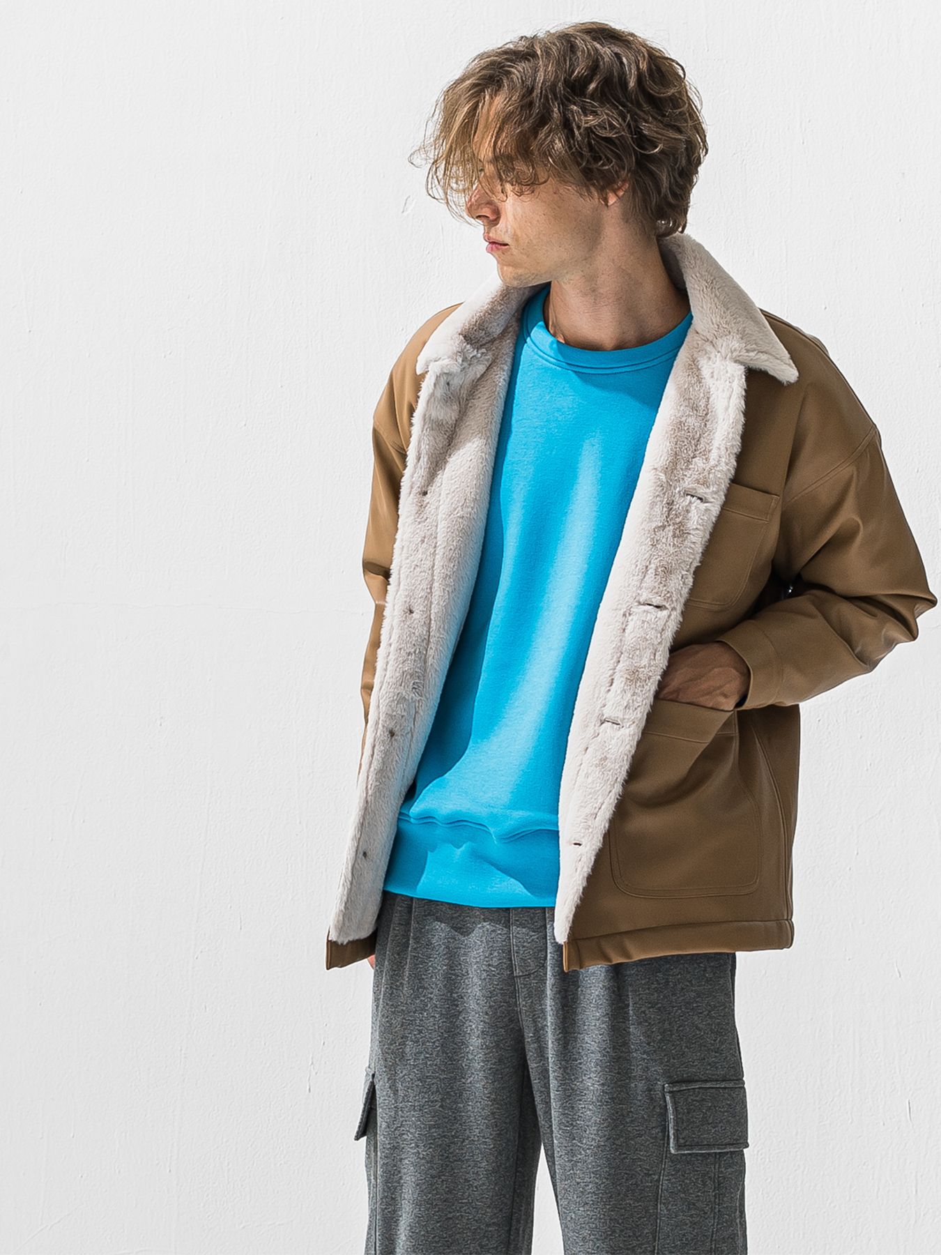 【予約品 9月6日(日) 締切】LEATHER FUR COVERALL / レザー ファー カバーオール / ベージュ