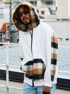 【予約品 5月8日(木) AM10時 締切】 ヘビーウエイト裏毛パイル-シャギーチェックサガラパッチワーク ビックジップワイドパーカー / ホワイト