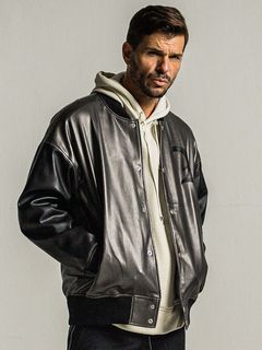《予約9月1日18時締め》 leather Varsity jacket  / エコレザースタジャン / グレー
