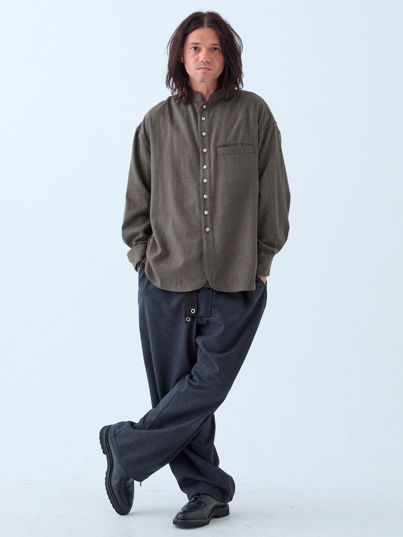 【予約品 】Bojour / ウール デザインシャツ / 杢オリーブドラブ