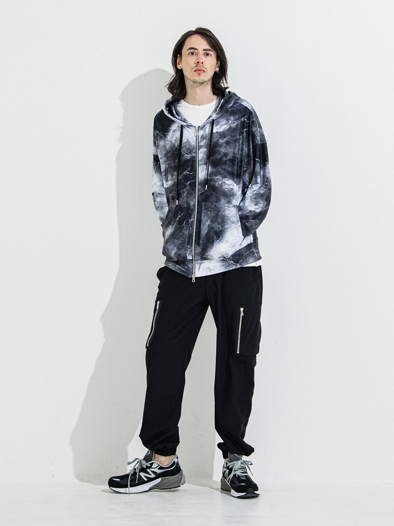 【予約品 】RASH OVER ZIPUP HOODIE / ラッシュガード オーバーサイズジップアップパーカー / マーブルブラック