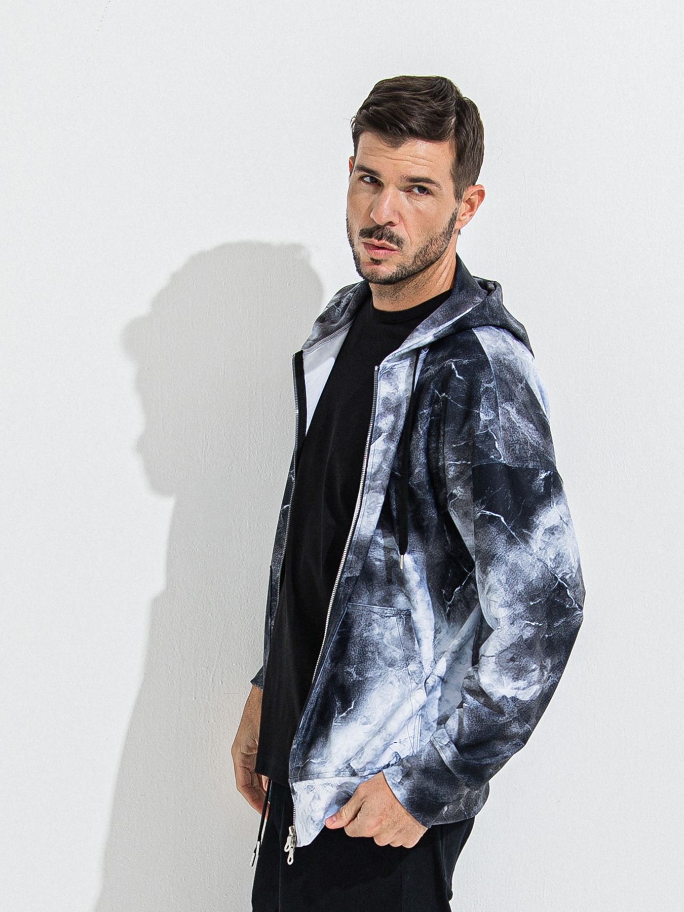 【予約品 】RASH OVER ZIPUP HOODIE / ラッシュガード オーバーサイズジップアップパーカー / マーブルブラック
