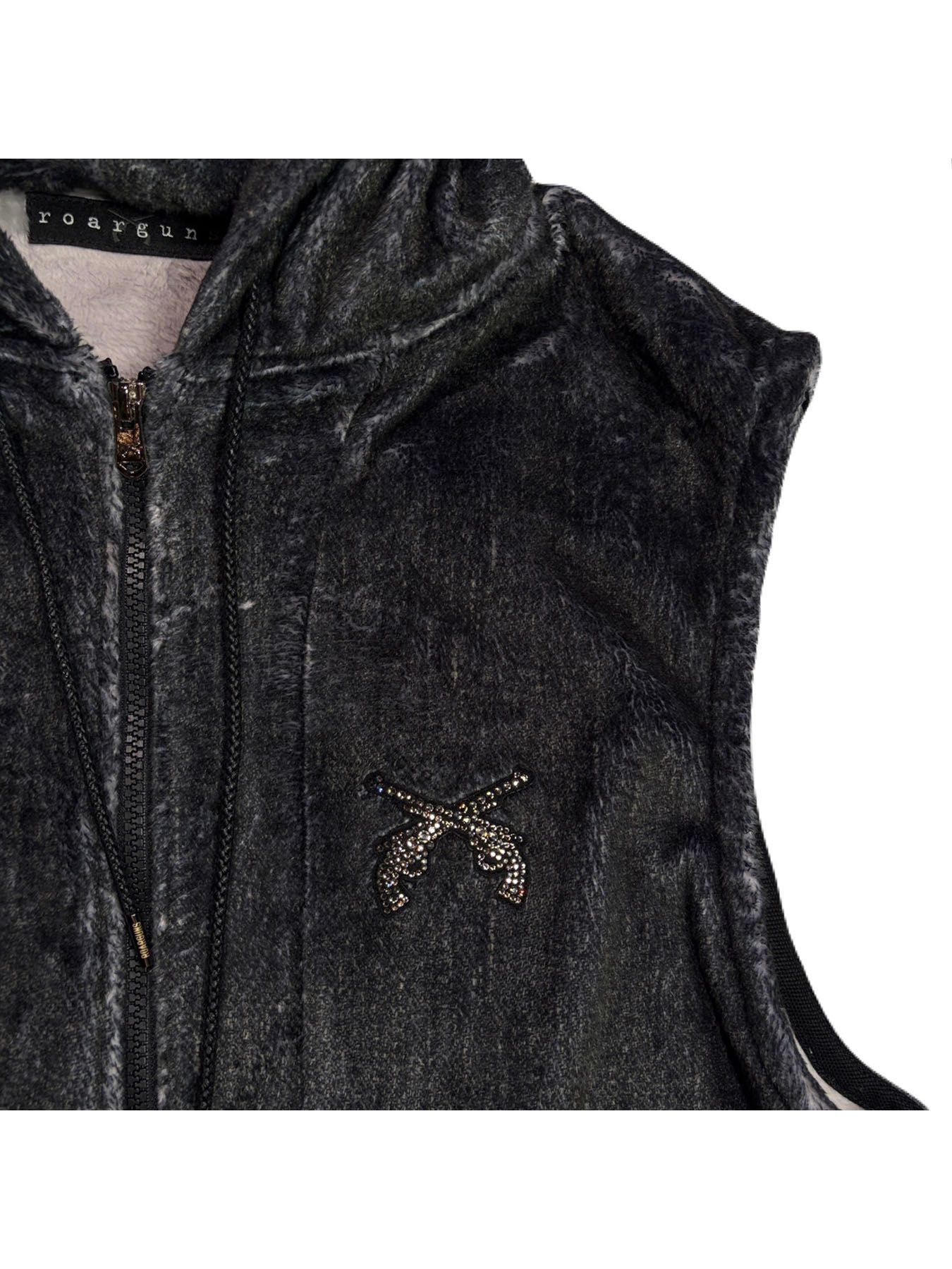 【予約品 3月9日(月) 18:00 締切】FLEECE DENIM VEST A / クリスタルクロスガン デニムプリント フリース ベスト / ブラック