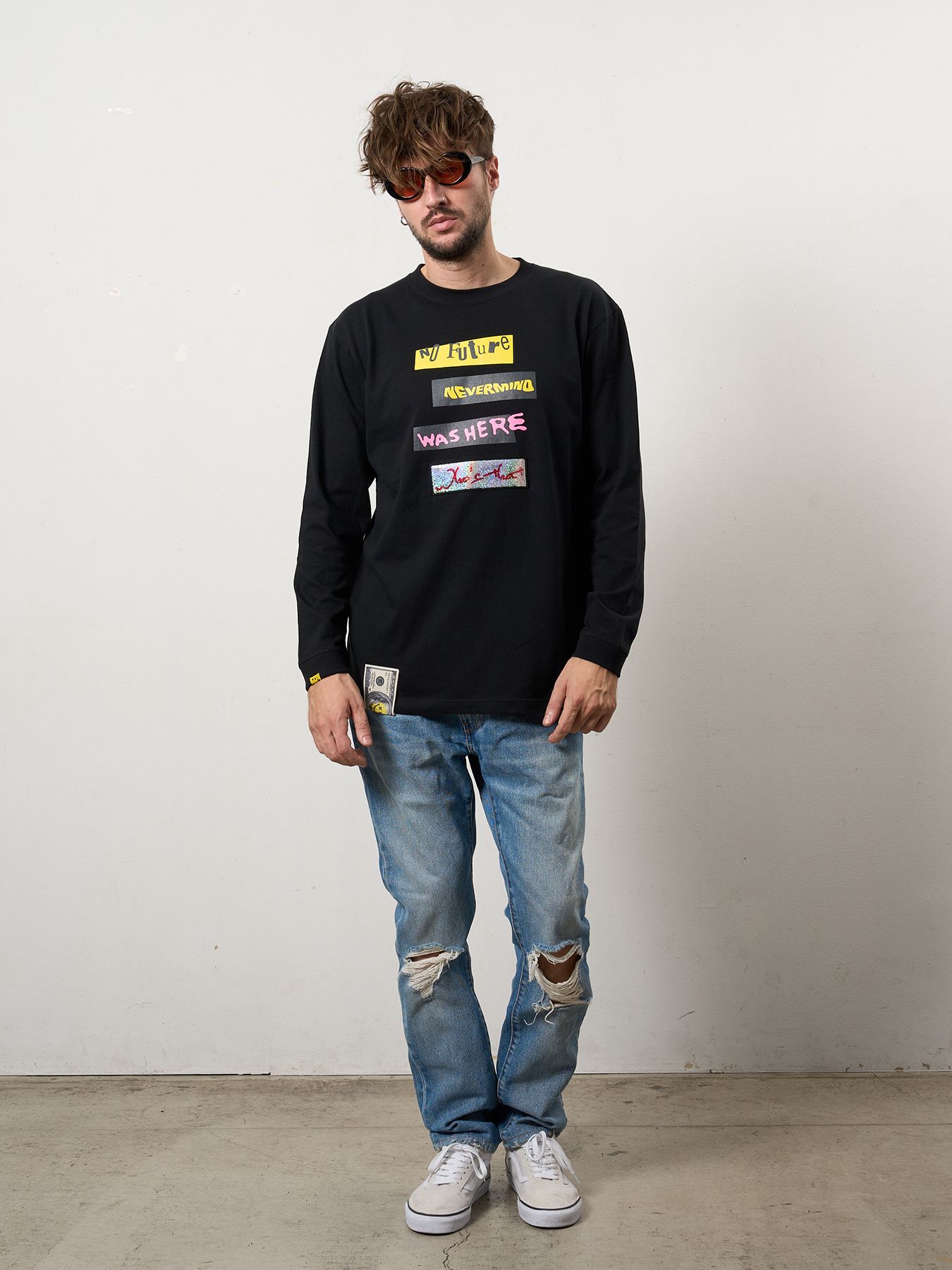 【予約品 10月16日(木) 締切】5.6ozコットン天竺 タイトルボックスシークイン LSシャツ / ブラック