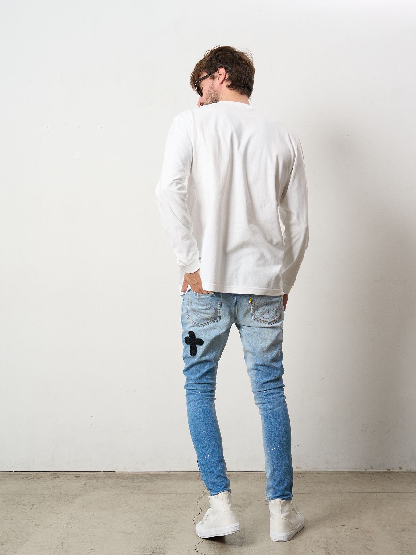 【予約品 5月8日(木) AM10時 締切】 5.6ozコットン天竺 PEACE AFTER DEATH&クロスパッチワーク LS Tシャツ / ホワイト