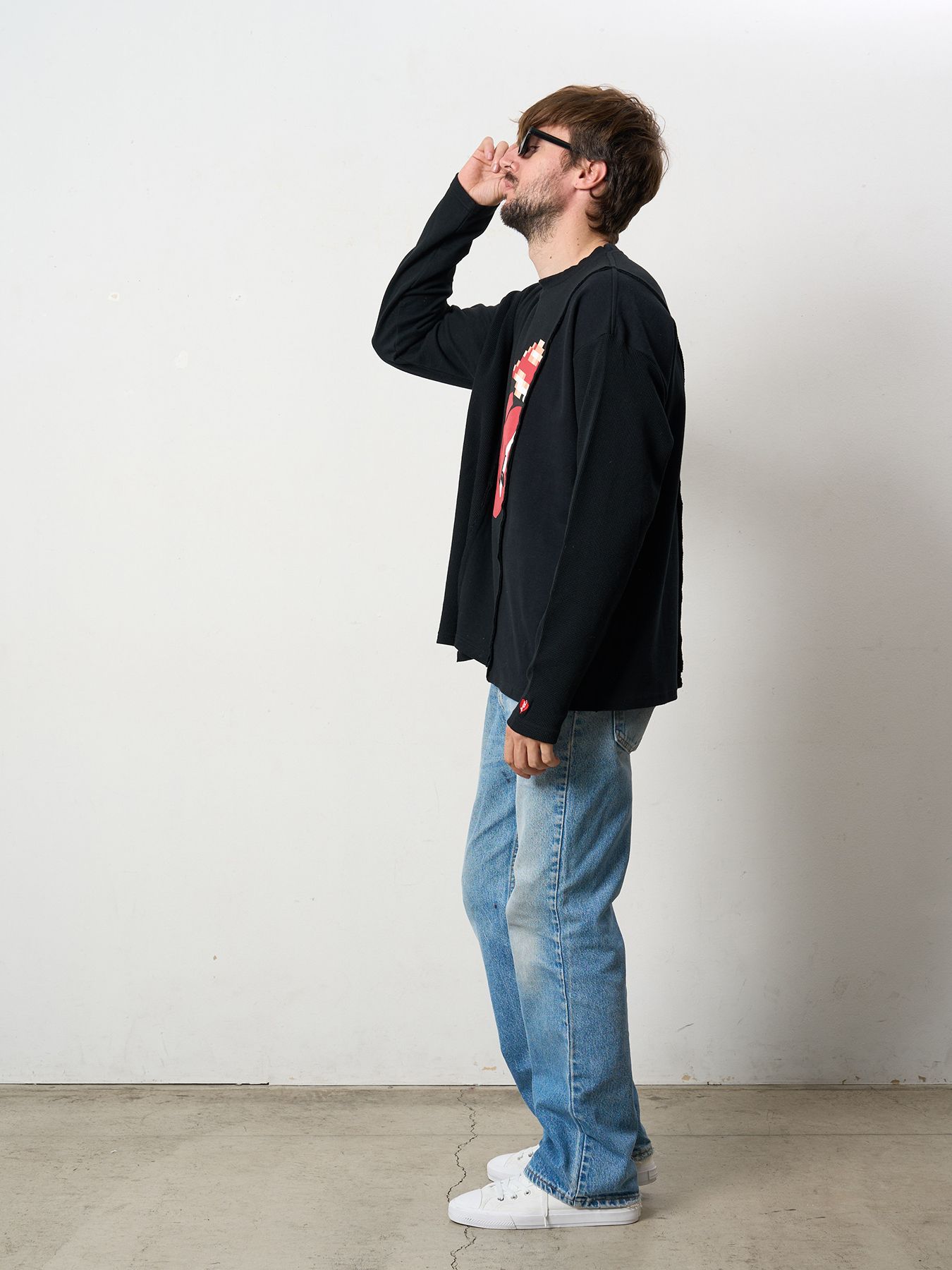 【予約品 5月8日(木) AM10時 締切】 3MIXレイヤードカットオフ モザイクプリント LS ワイドシルエットTシャツ / ブラック