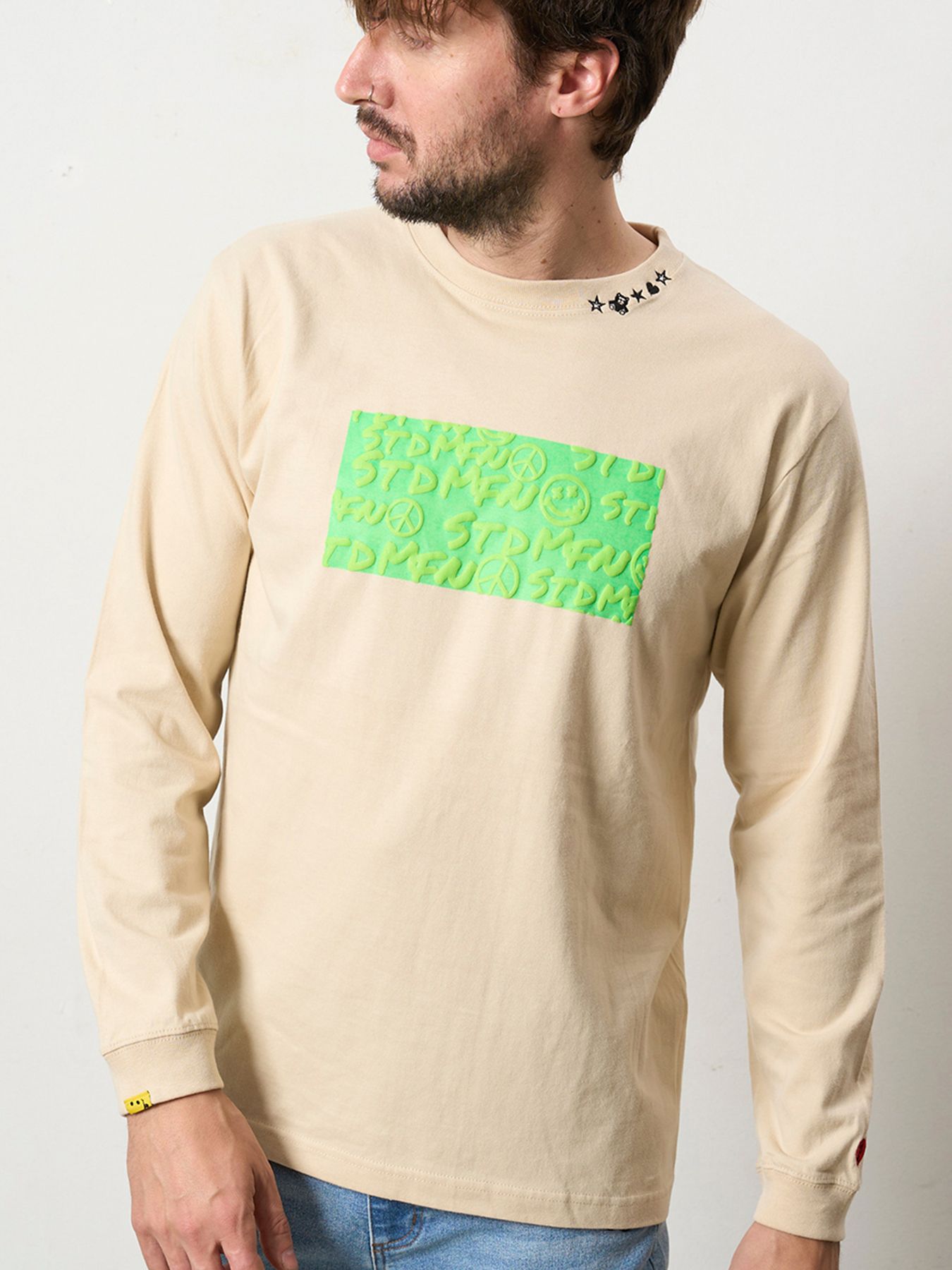 【予約品 5月8日(木) AM10時 締切】 5.6ozコットン天竺 ボックスロゴ発泡プリントLS Tシャツ / ベージュ