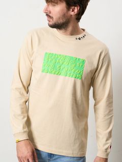 【予約品 5月8日(木) AM10時 締切】 5.6ozコットン天竺 ボックスロゴ発泡プリントLS Tシャツ / ベージュ