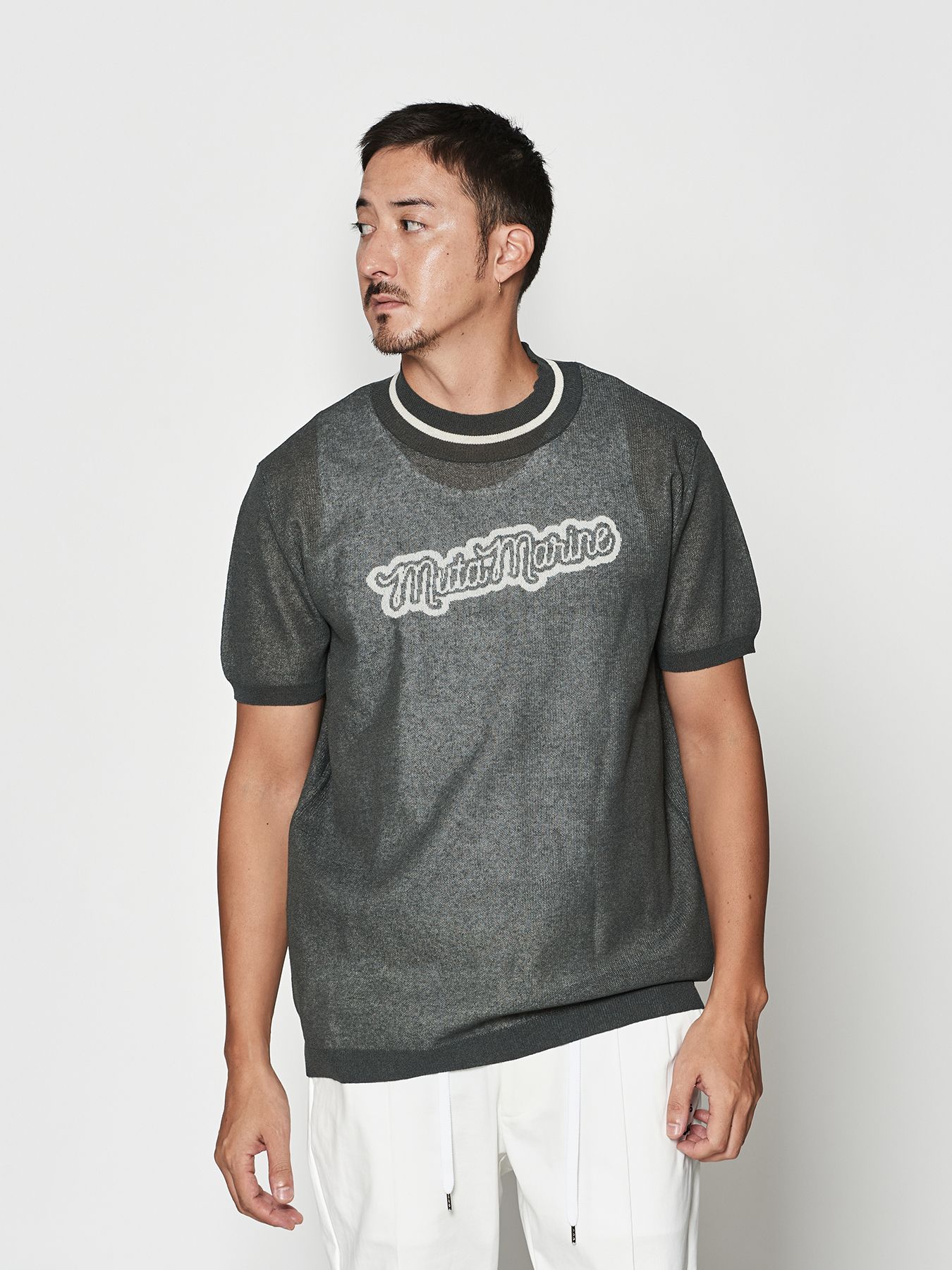 【予約品 10月9日(木) 締切】muta Sheer Knit S-S Top / シアーニットTシャツ / グレー【Acanthus × muta MARINE】