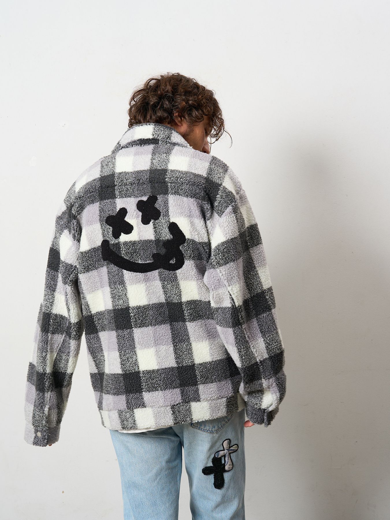 【予約品 】 ブロックチェックムックボア サガラパッチワークブルゾン / M.グレー