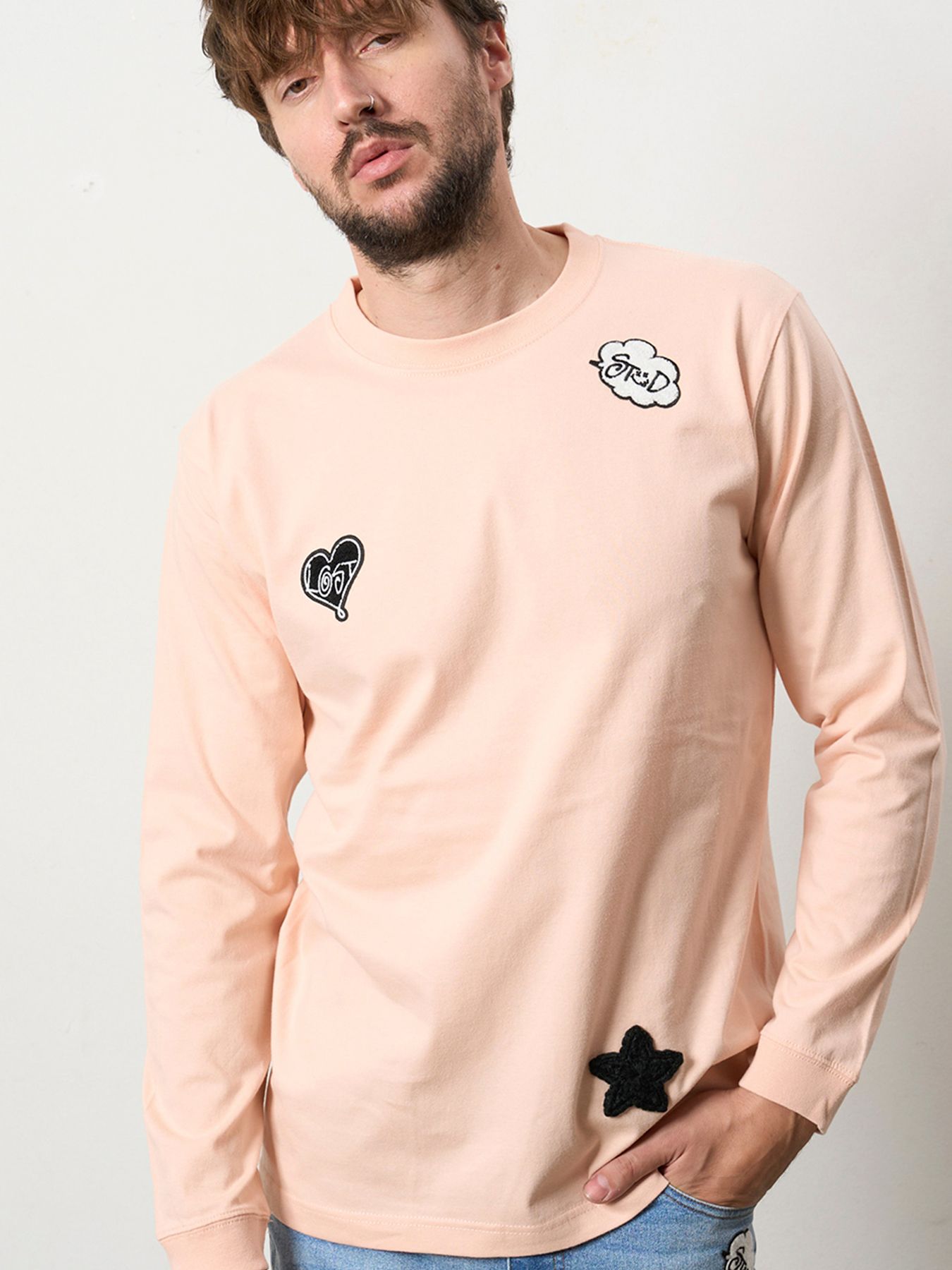 【予約品 5月8日(木) AM10時 締切】 5.6ozコットン天竺 CREATE YOUR OWN LUCK&マルチパッチワーク LS Tシャツ / ペールピンク